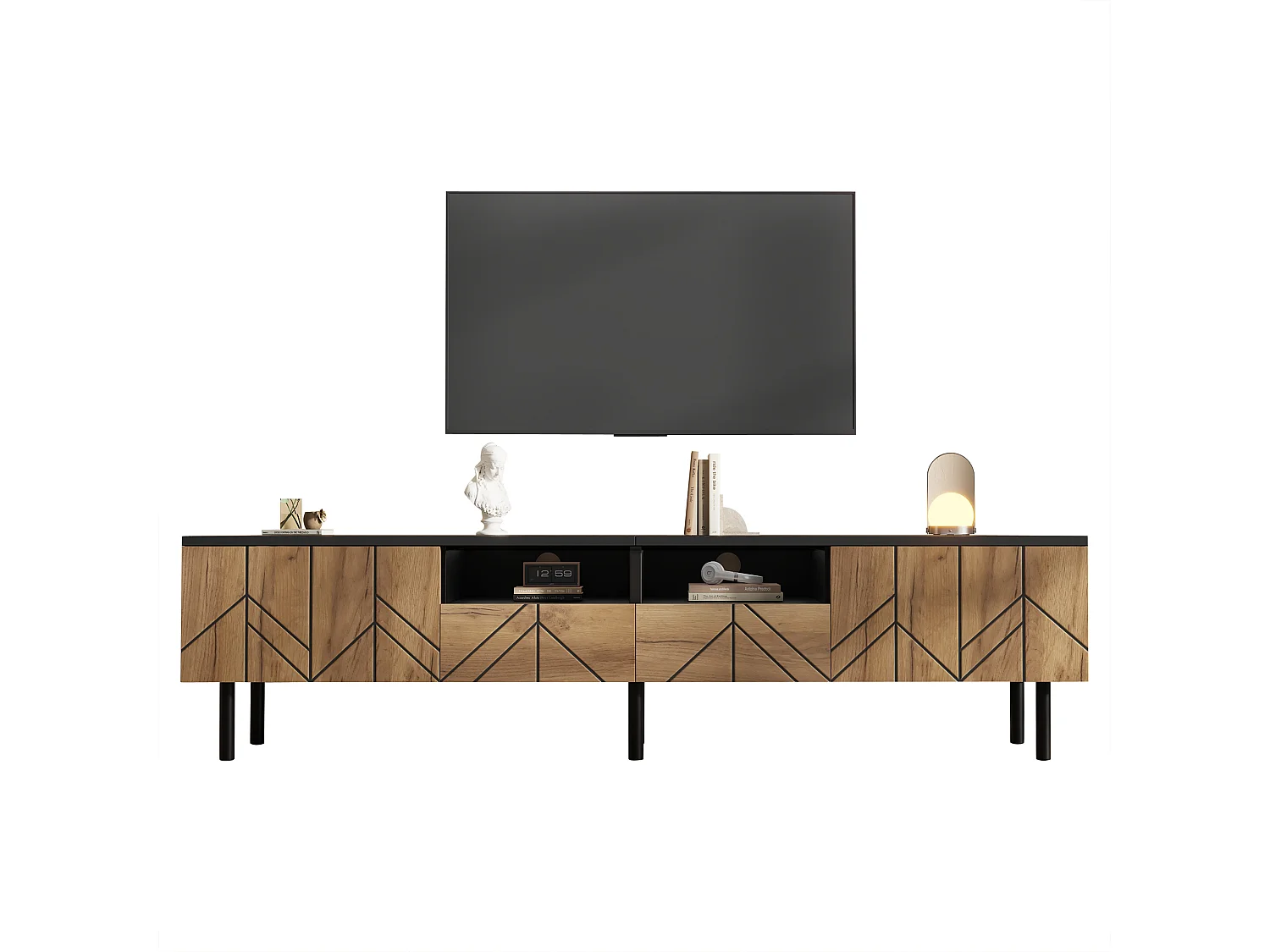 Modern TV Stand 180x40x45 cm - 2 Drawers and 2 Doors - Wood-Effect Finish - Particle Board - Natural