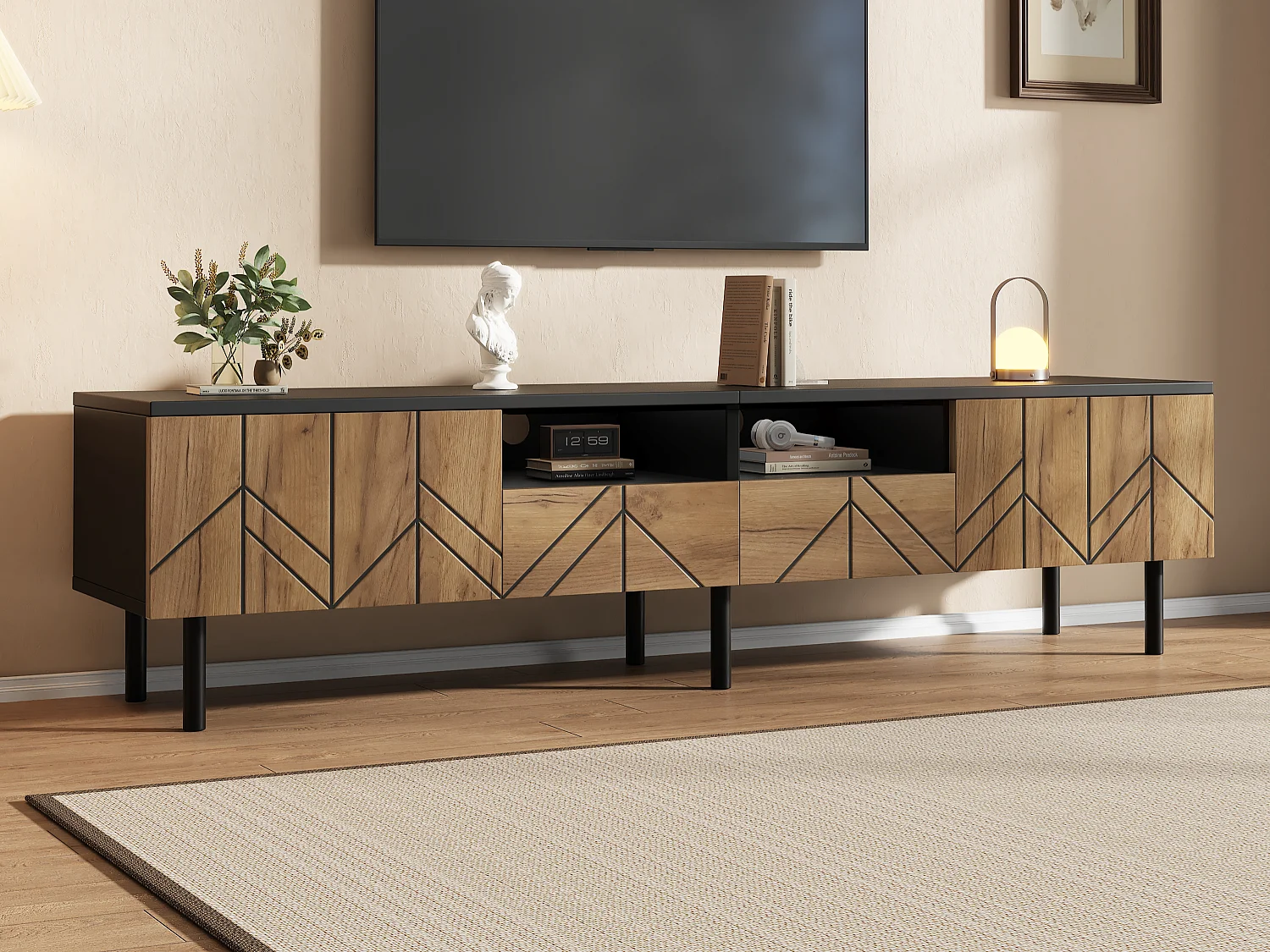 Modern TV Stand 180x40x45 cm - 2 Drawers and 2 Doors - Wood-Effect Finish - Particle Board - Natural