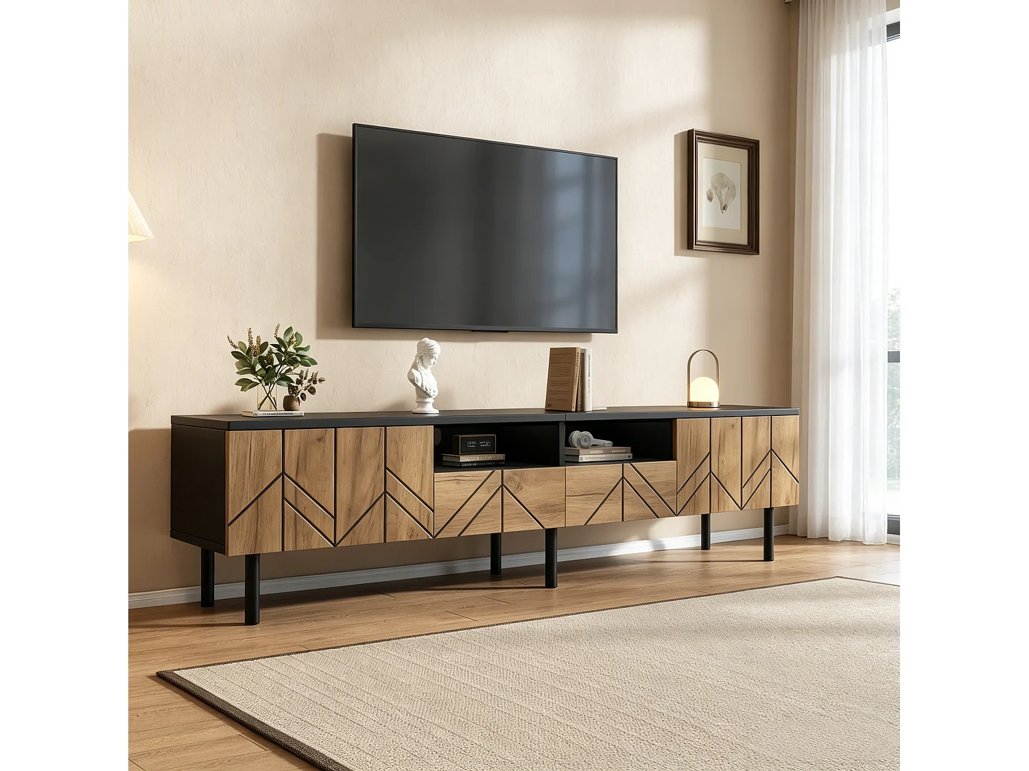 Modern TV Stand 180x40x45 cm - 2 Drawers and 2 Doors - Wood-Effect Finish - Particle Board - Natural