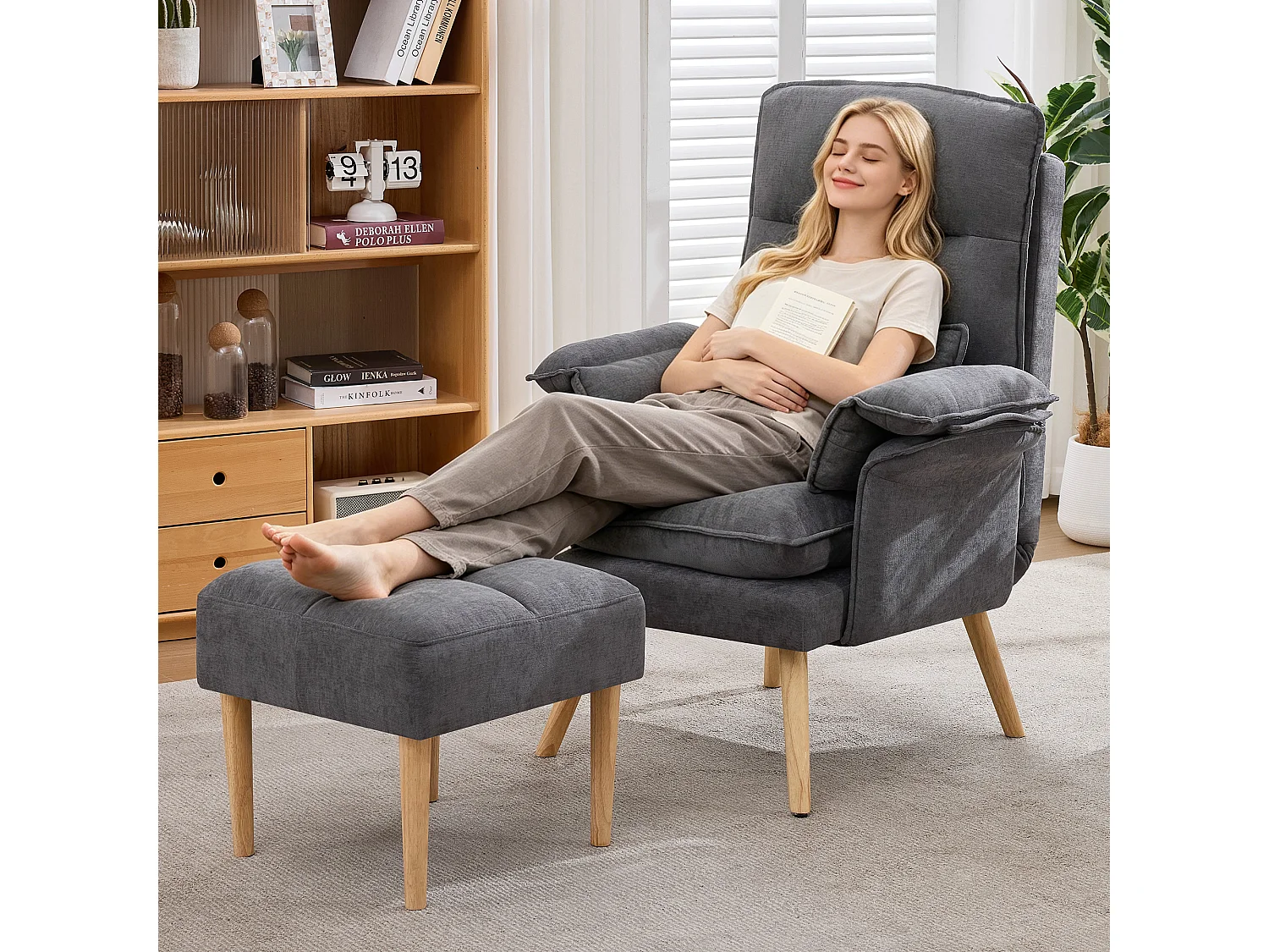 Relaxfåtölj med fotstöd, ergonomisk läsfåtölj, ryggstöd i 5 positioner och kudde, linnetyg och ben av massivt trä - grå