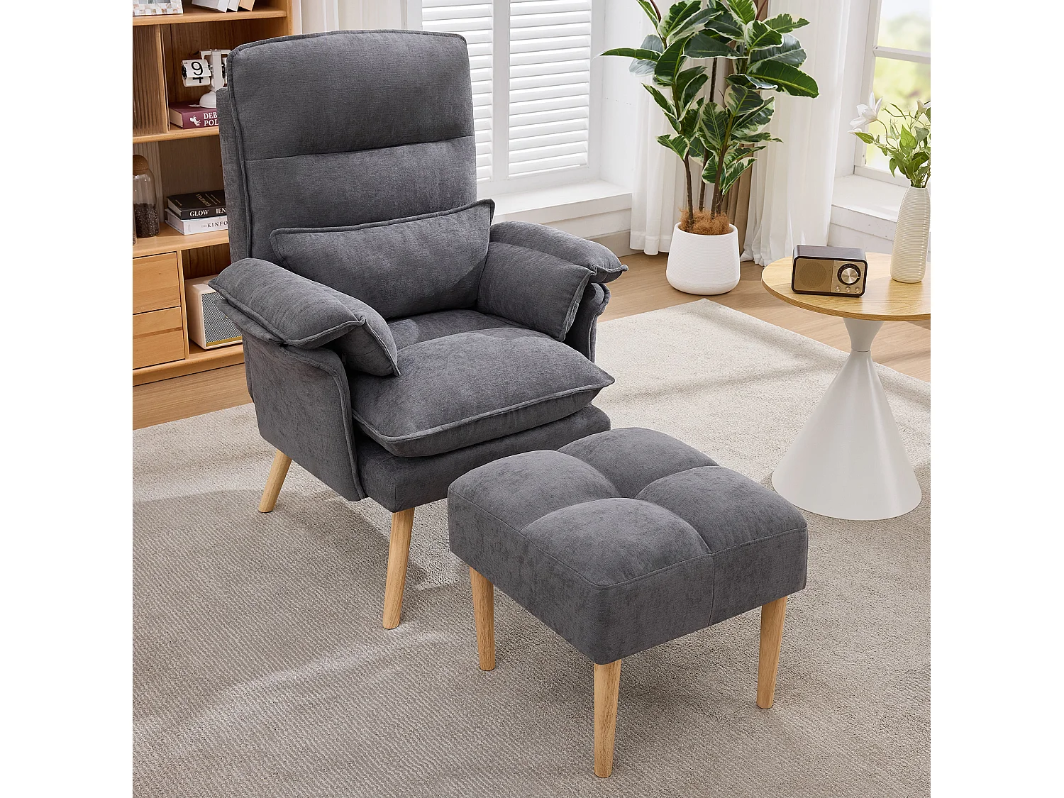 Relaxfåtölj med fotstöd, ergonomisk läsfåtölj, ryggstöd i 5 positioner och kudde, linnetyg och ben av massivt trä - grå