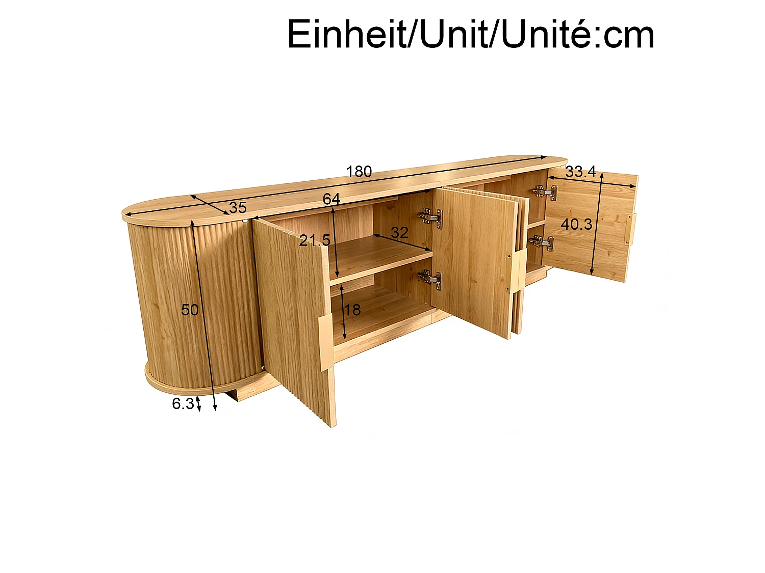 Meuble TV 180x35x50 cm - 4 portes - Design arrondi - Panneaux de particules et MDF - Poignées en métal - Coloris naturel