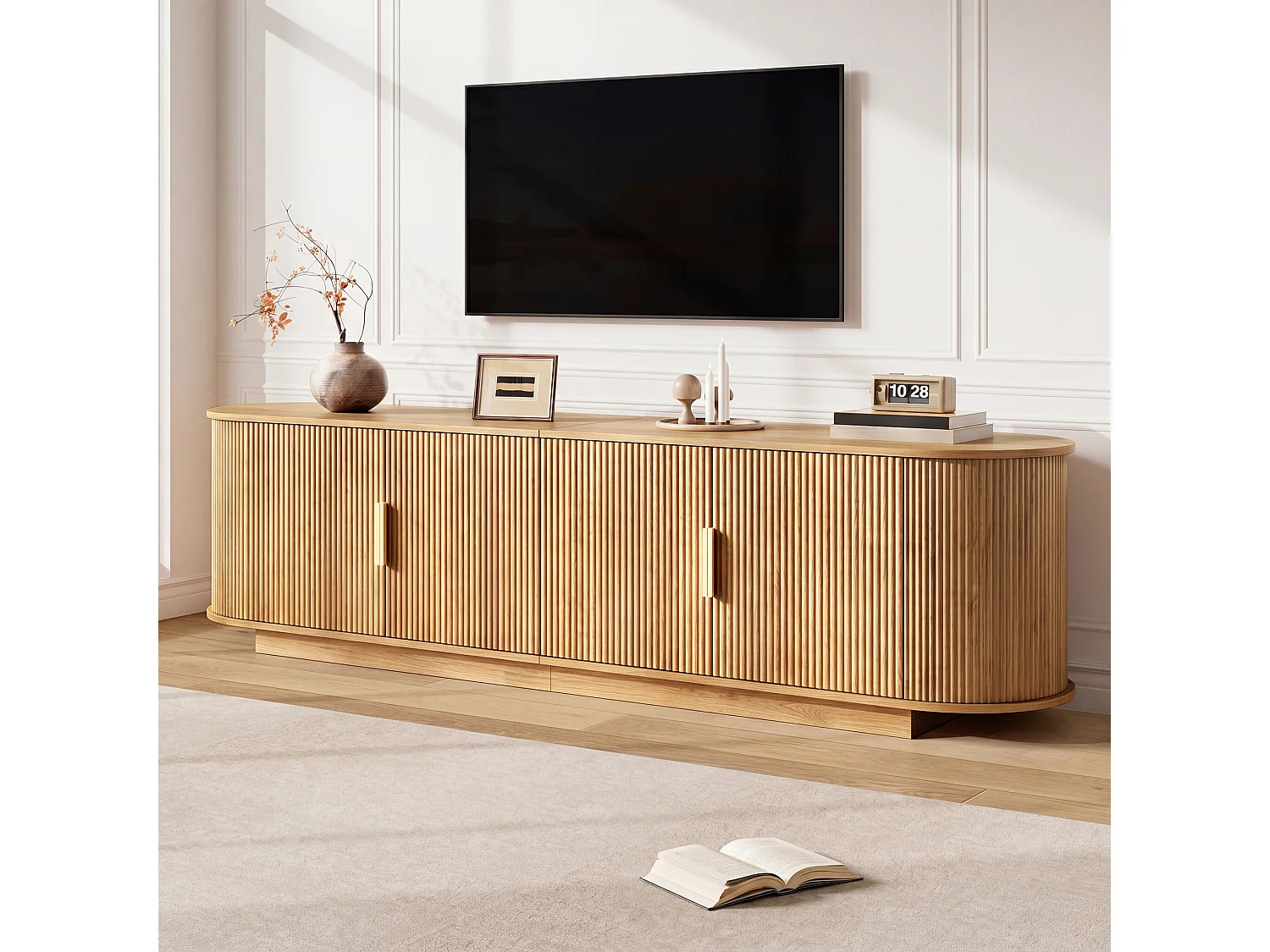 Meuble TV 180x35x50 cm - 4 portes - Design arrondi - Panneaux de particules et MDF - Poignées en métal - Coloris naturel