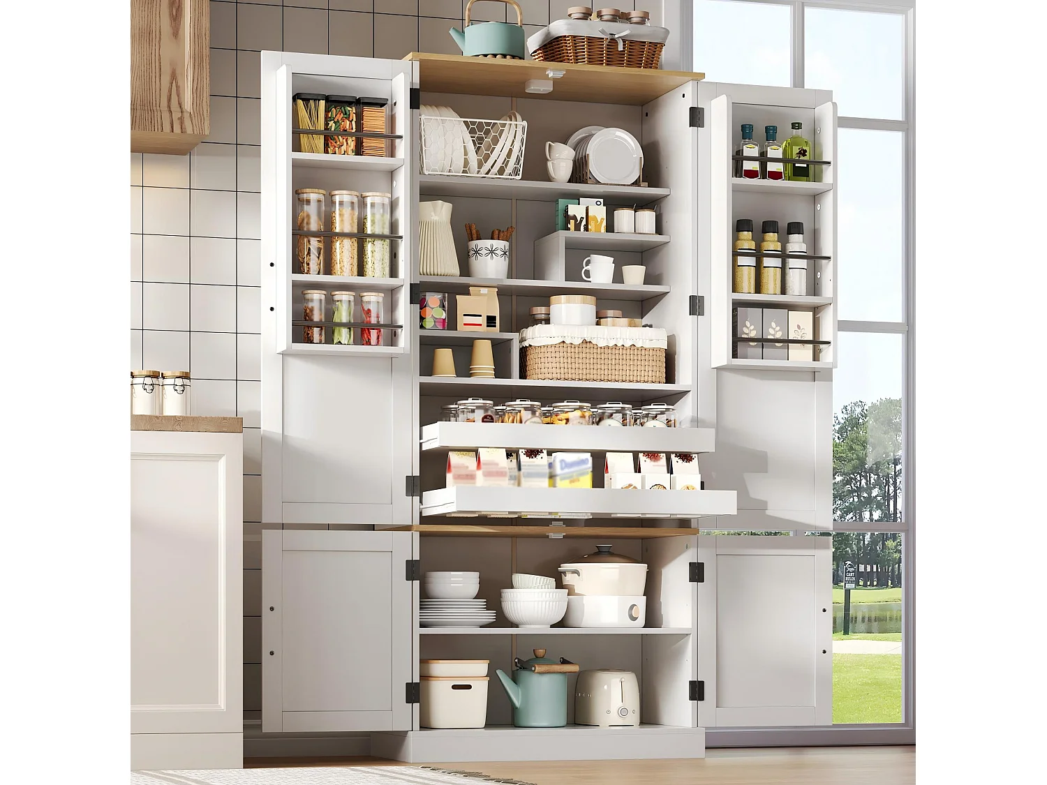 Küchensideboard 80x40x180 cm - mit Sensoren ausgestattet - mit 4 Türen und 2 Schubladen - verstellbare Regale - weiß