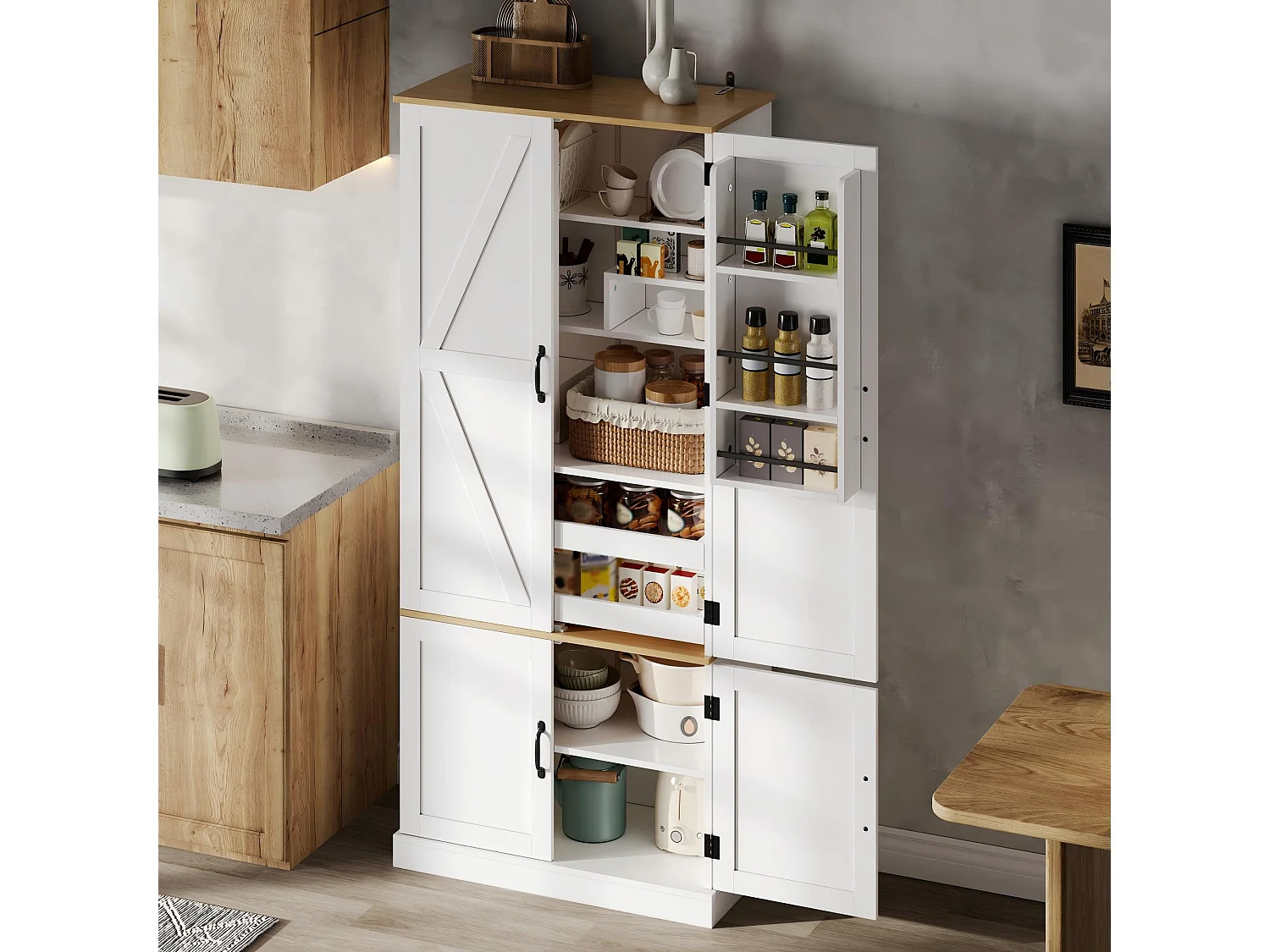 Küchensideboard 80x40x180 cm - mit Sensoren ausgestattet - mit 4 Türen und 2 Schubladen - verstellbare Regale - weiß