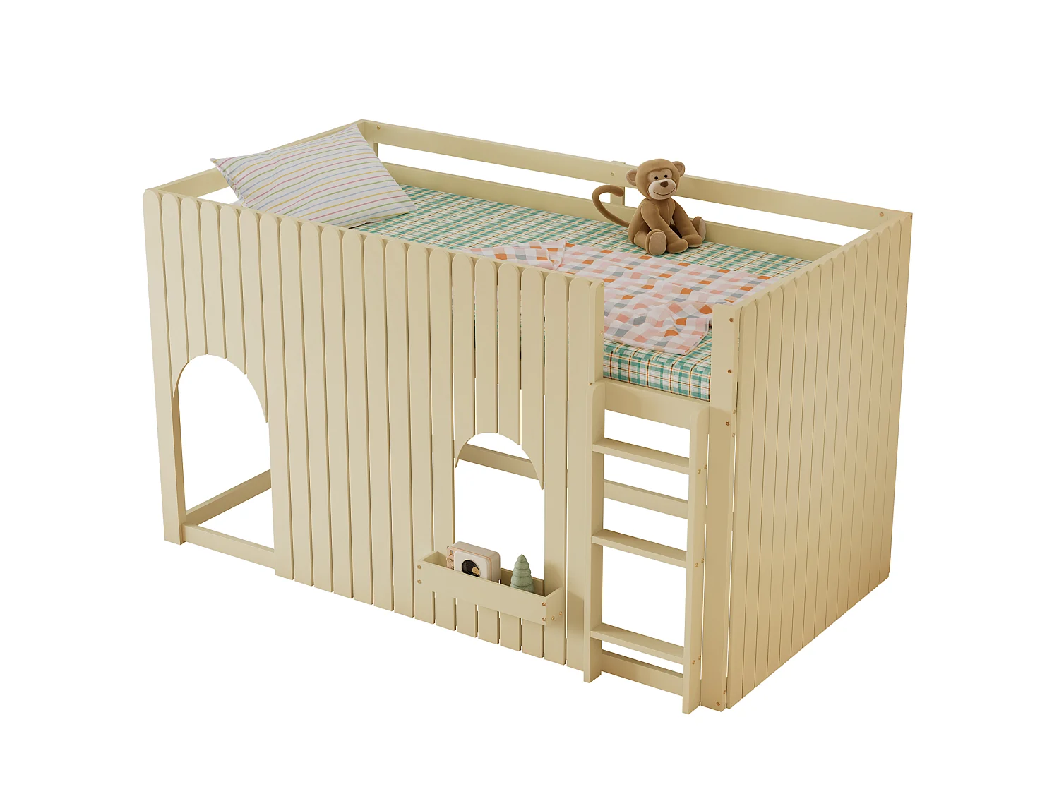 Lit mezzanine enfant 90x200 cm - avec bande lumineuse LED colorée - petit compartiment de rangement - avec garde-corps - Naturel (sans matelas)