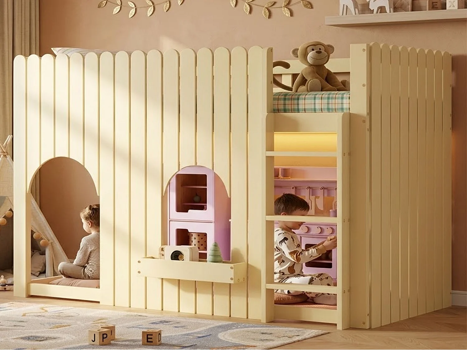 Lit mezzanine enfant 90x200 cm - avec bande lumineuse LED colorée - petit compartiment de rangement - avec garde-corps - Naturel (sans matelas)