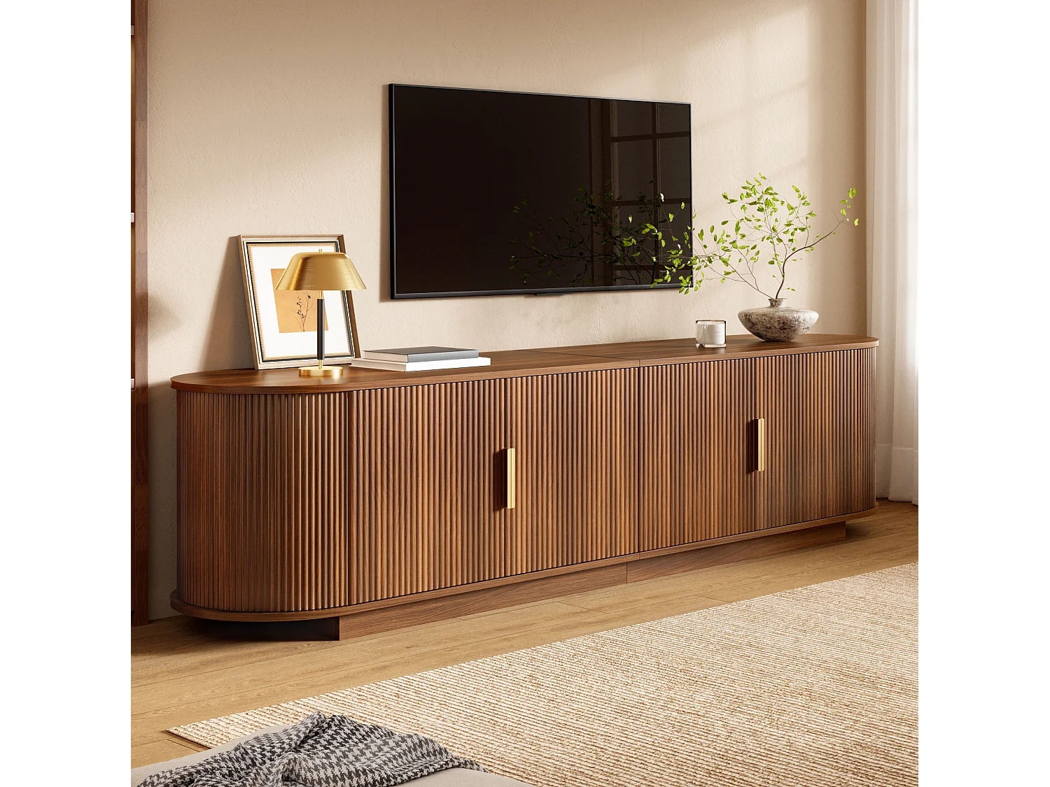 Meuble TV 180x35x50 cm - 4 portes - Design arrondi - Panneaux de particules et MDF - Poignées en métal - Marron