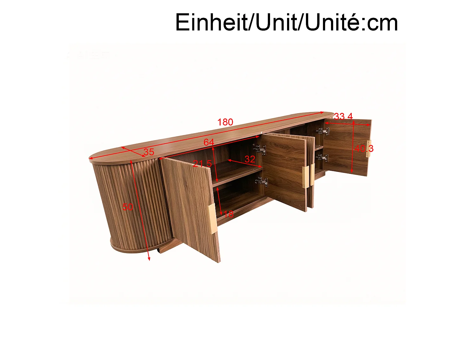 Meuble TV 180x35x50 cm - 4 portes - Design arrondi - Panneaux de particules et MDF - Poignées en métal - Marron
