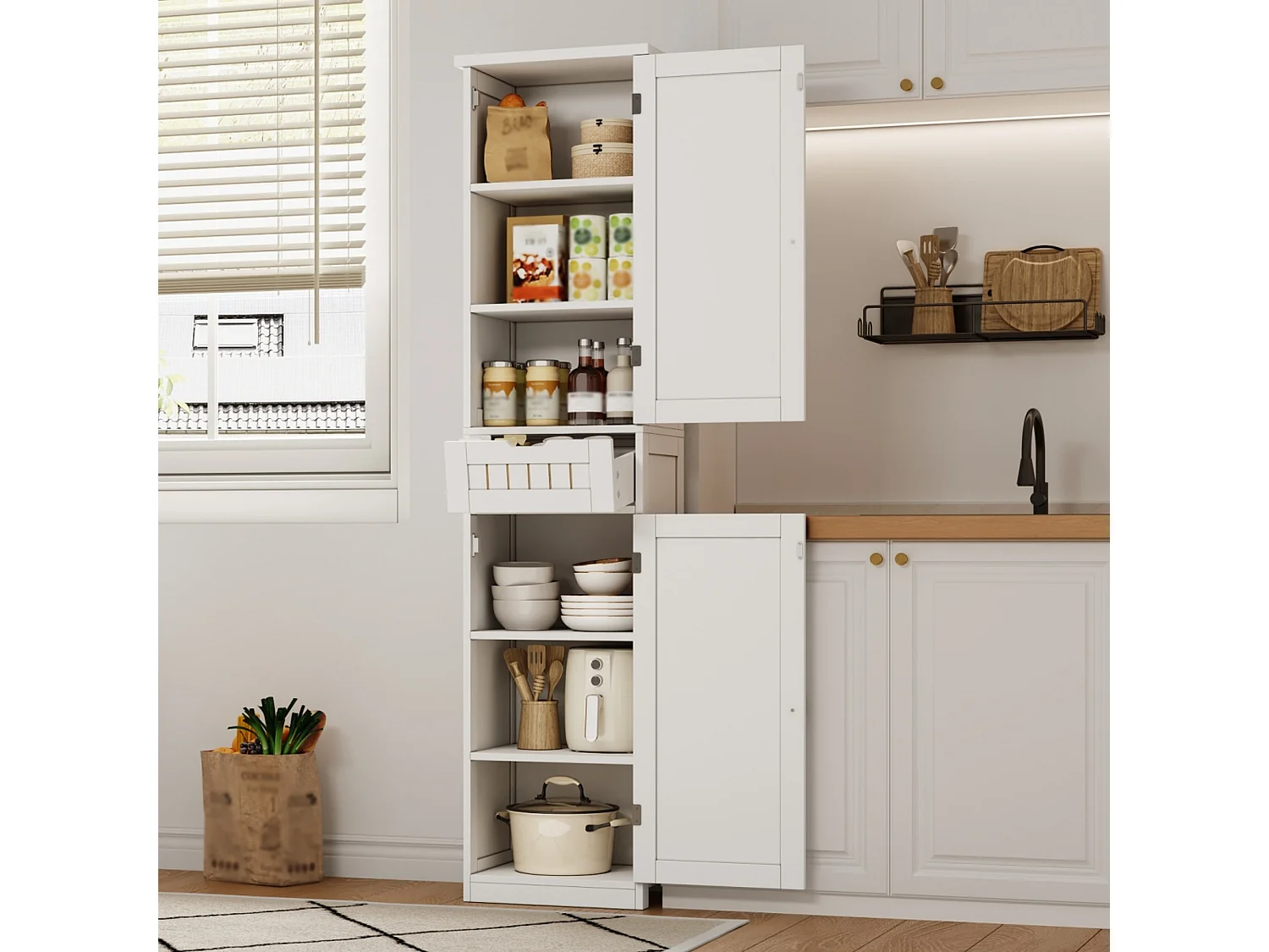 Buffet de cuisine 40x30x170cm - avec 2 portes et 1 tiroir - avec des étagères réglables - Blanc