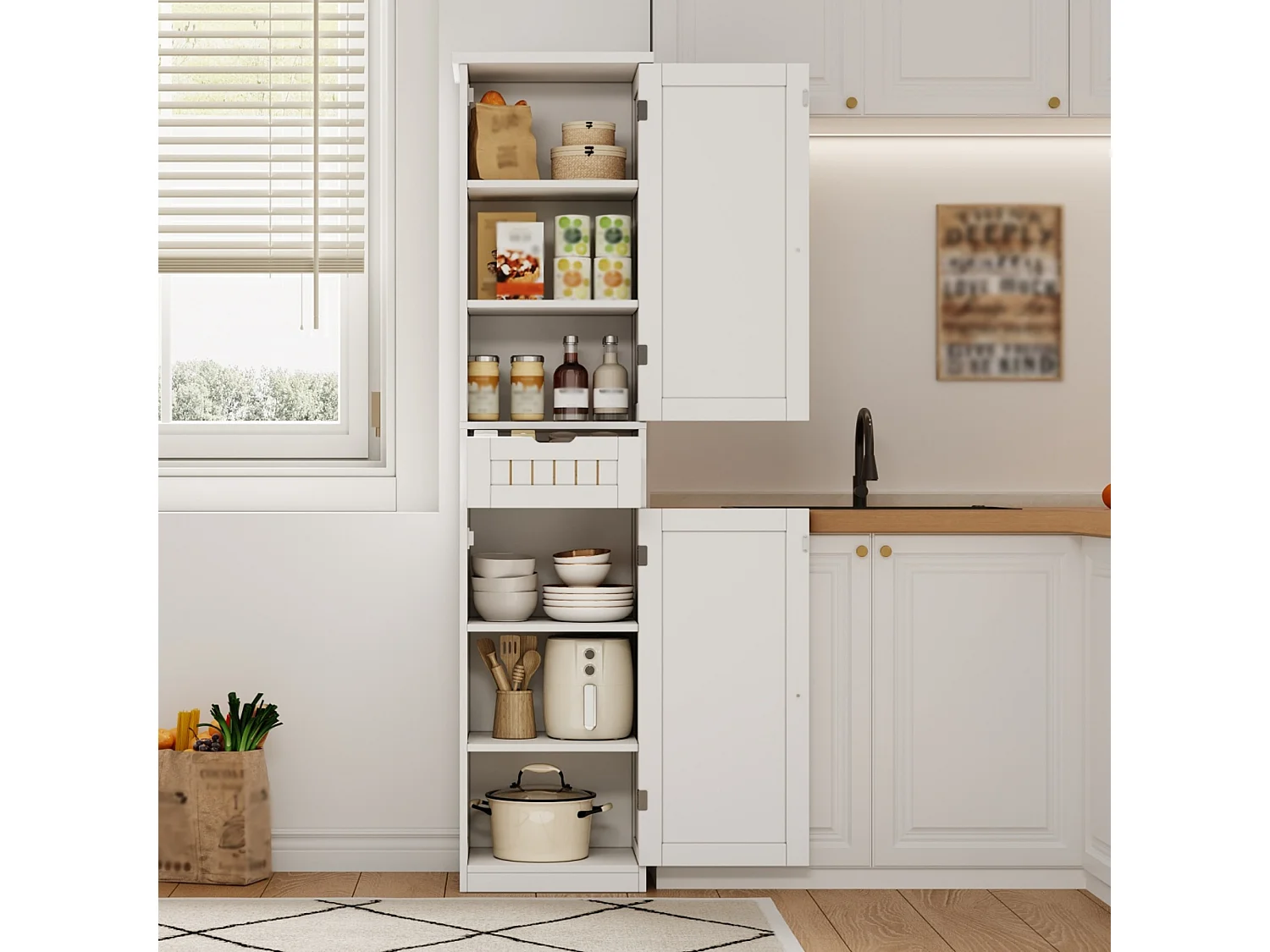 Buffet de cuisine 40x30x170cm - avec 2 portes et 1 tiroir - avec des étagères réglables - Blanc