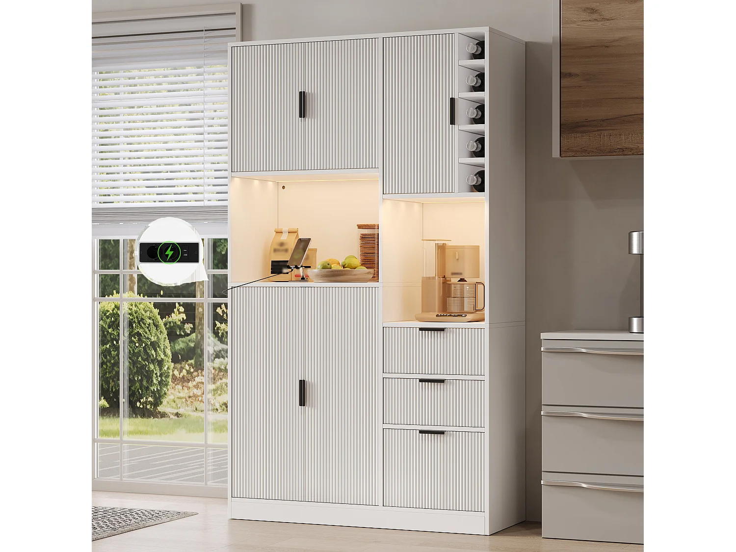 Buffet de cuisine 105x40x180cm - avec éclairage LED et prise - avec 5 portes et 3 tiroirs - avec casier à vin - Blanc