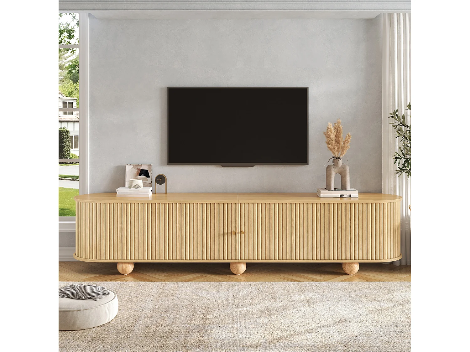 Afrundet hjørne-TV-møbel 180x35x45 cm - 2 skydelåger - kugleformede ben - MDF - natur