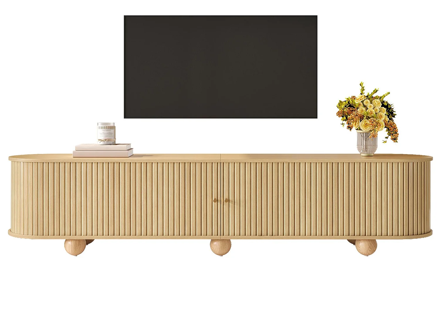 Afrundet hjørne-TV-møbel 180x35x45 cm - 2 skydelåger - kugleformede ben - MDF - natur