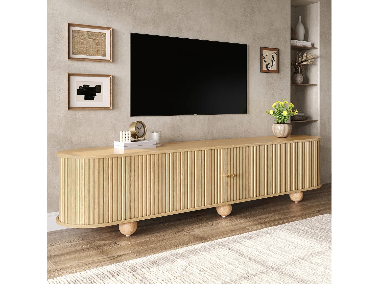 Afrundet hjørne-TV-møbel 180x35x45 cm - 2 skydelåger - kugleformede ben - MDF - natur