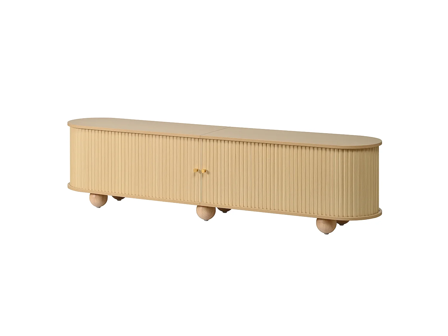 Afrundet hjørne-TV-møbel 180x35x45 cm - 2 skydelåger - kugleformede ben - MDF - natur