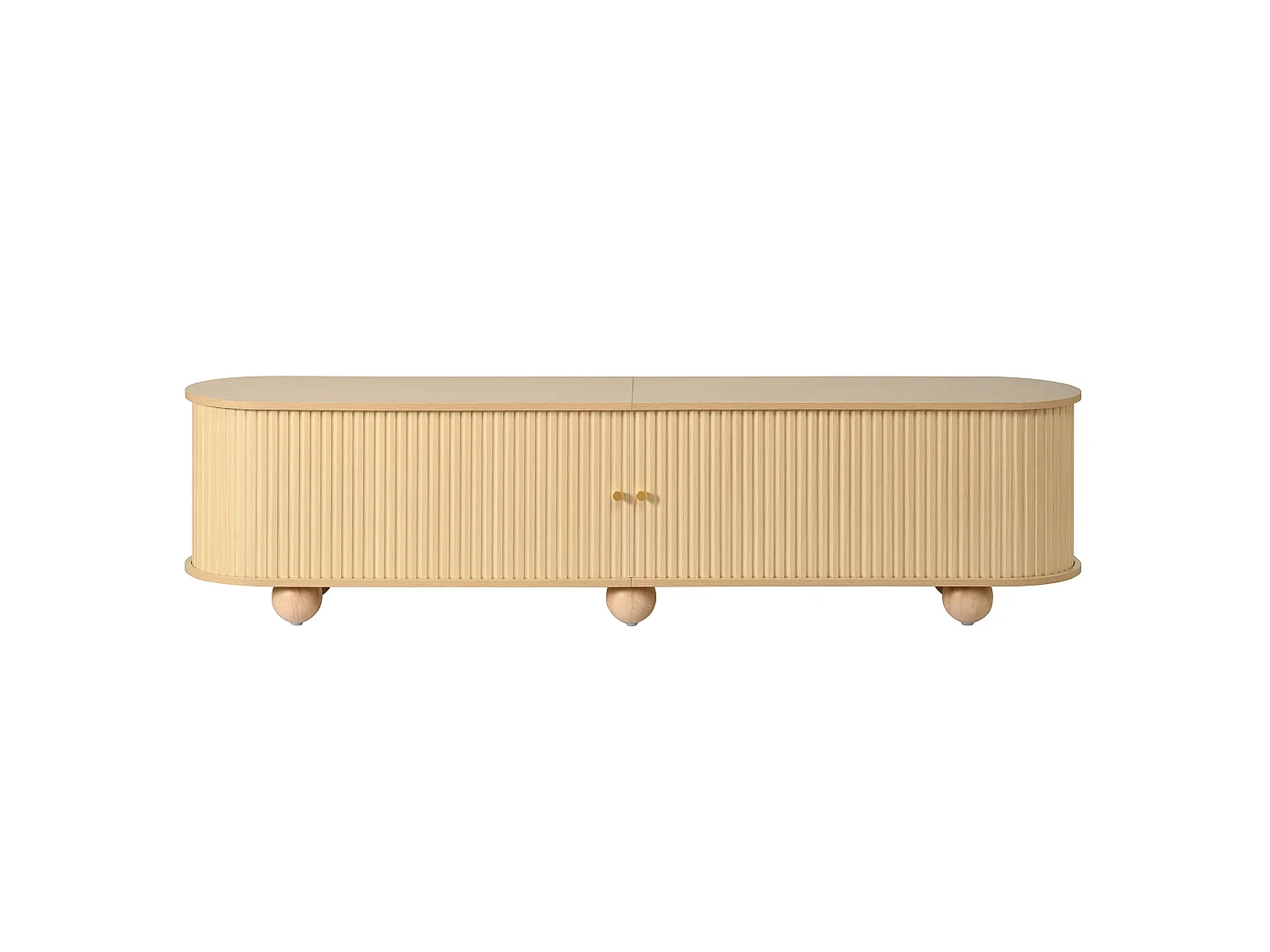 Afrundet hjørne-TV-møbel 180x35x45 cm - 2 skydelåger - kugleformede ben - MDF - natur
