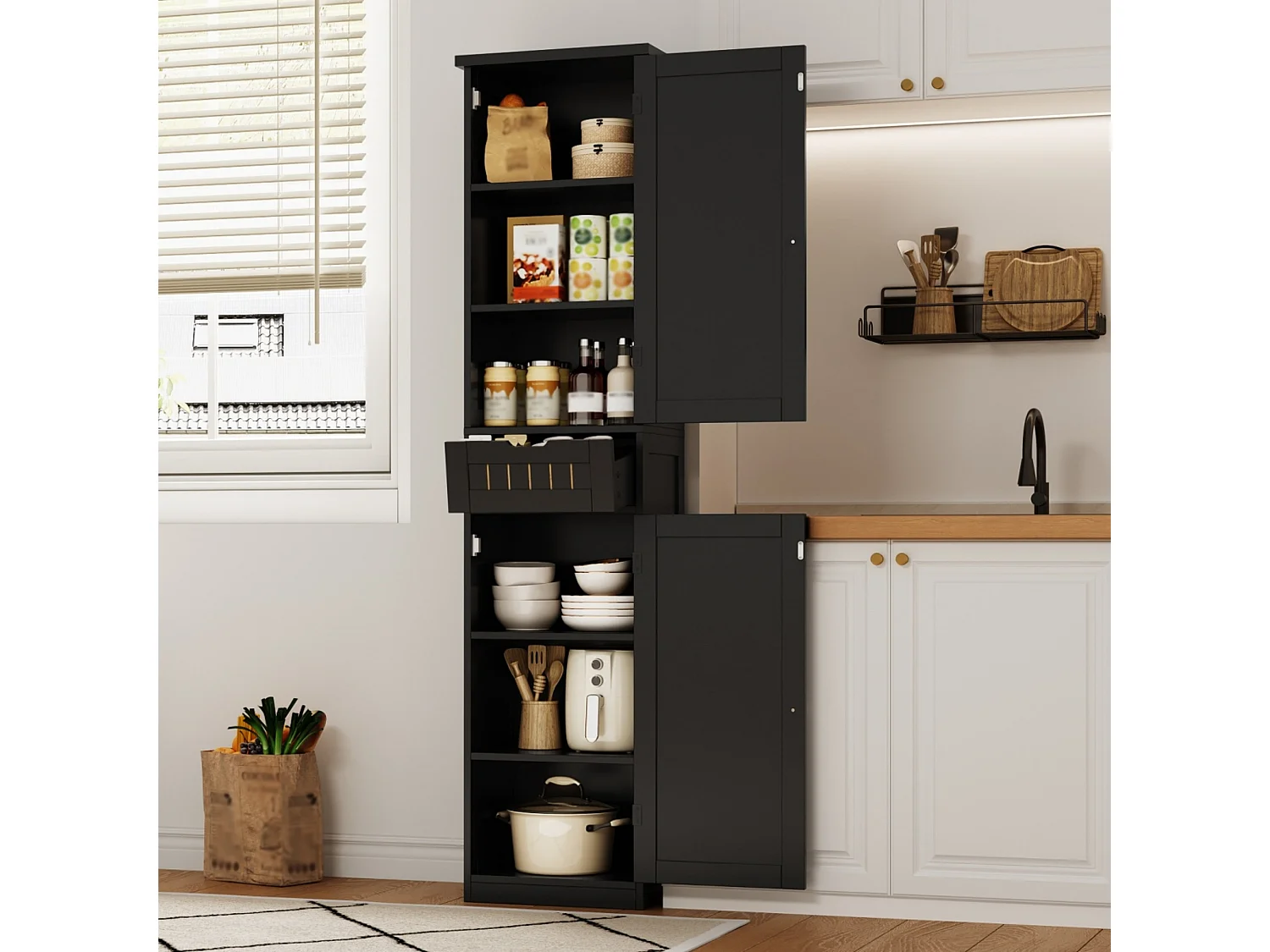 Kitchen Sideboard 40x30x170 cm - with 2 Doors and 1 Drawer - with Adjustable Shelves - Black