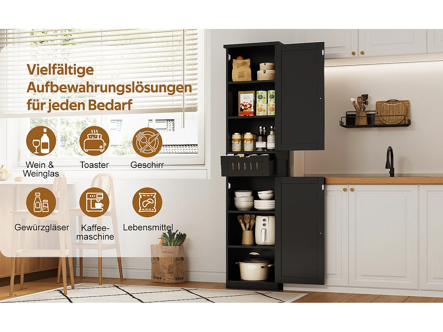 Kitchen Sideboard 40x30x170 cm - with 2 Doors and 1 Drawer - with Adjustable Shelves - Black