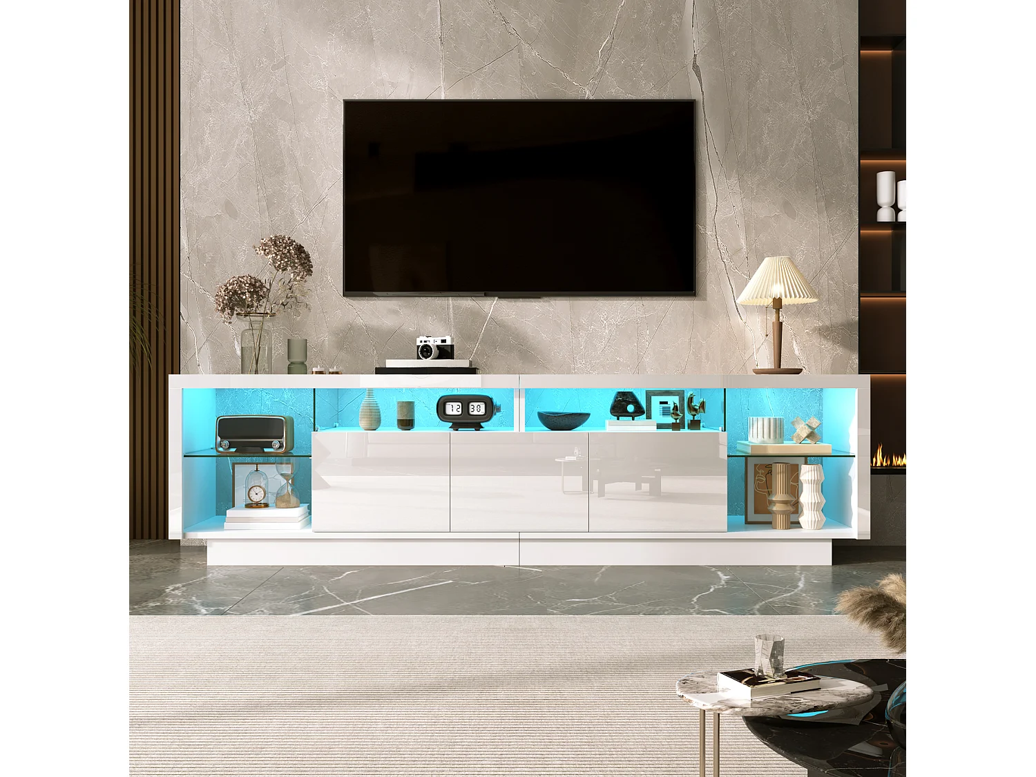 Moderne TV-møbel 200 x 38 x 55 cm - tre højglanslakerede låger - LED-belysning - glashylder - MDF - hvid