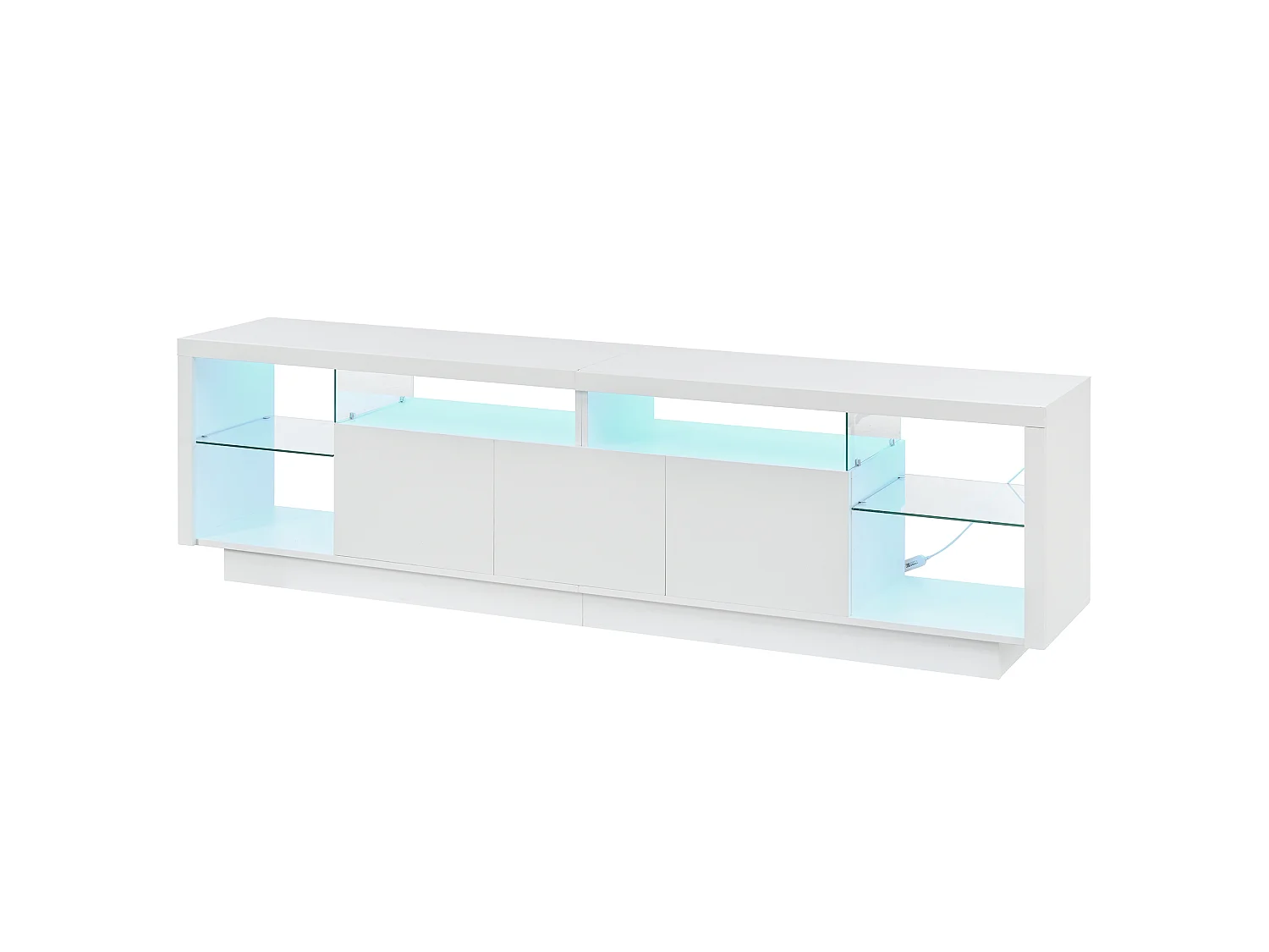 Moderne TV-møbel 200 x 38 x 55 cm - tre højglanslakerede låger - LED-belysning - glashylder - MDF - hvid