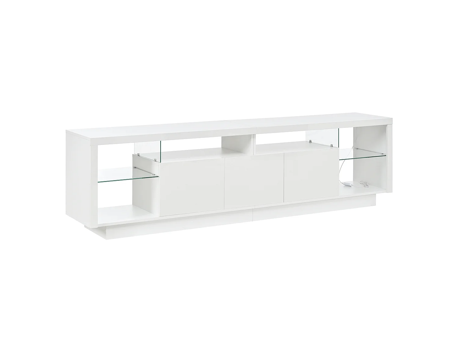 Moderne TV-møbel 200 x 38 x 55 cm - tre højglanslakerede låger - LED-belysning - glashylder - MDF - hvid