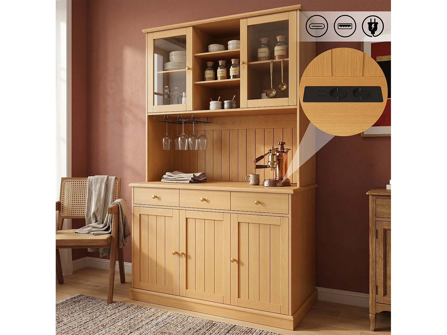 Buffet moderne 120x40x191 cm - 3 portes et 3 tiroirs - Portes et étagères vitrées - Prise électrique et port USB - Naturel