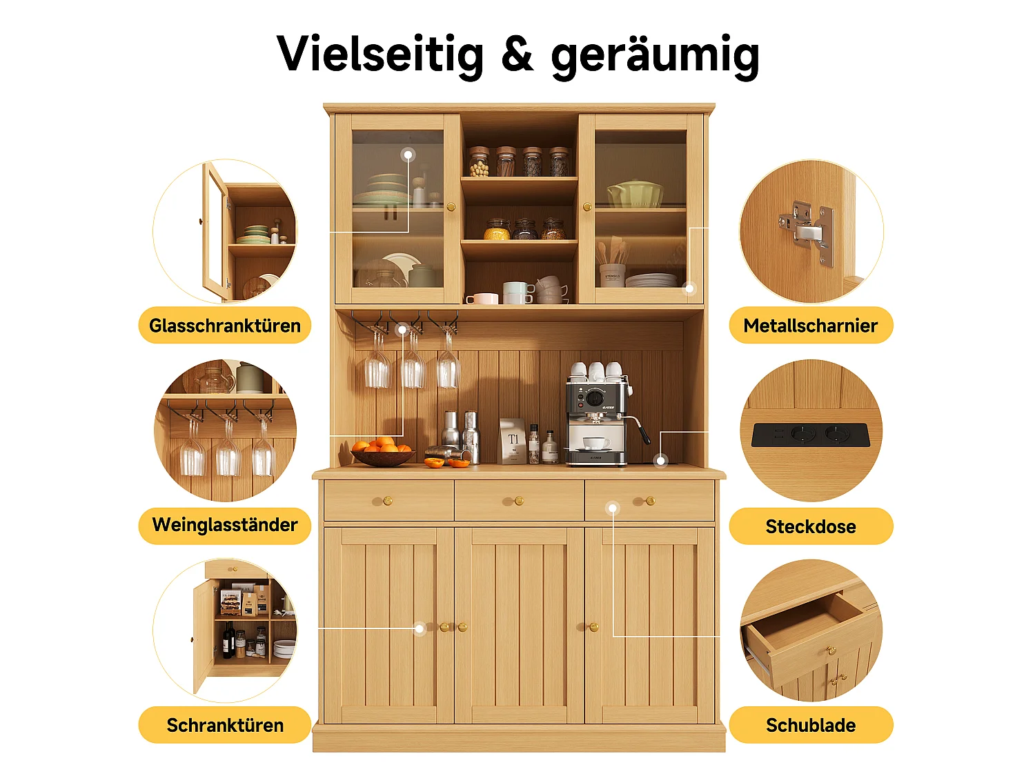 Buffet moderne 120x40x191 cm - 3 portes et 3 tiroirs - Portes et étagères vitrées - Prise électrique et port USB - Naturel