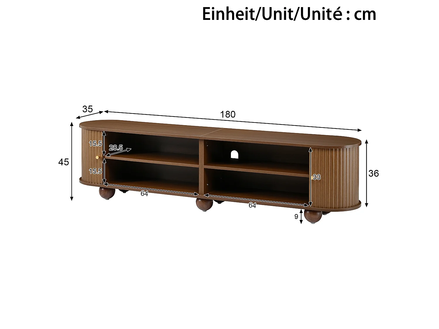 Afrundet hjørne-TV-møbel 180x35x45 cm - 2 skydelåger - kugleformede ben - MDF - brun