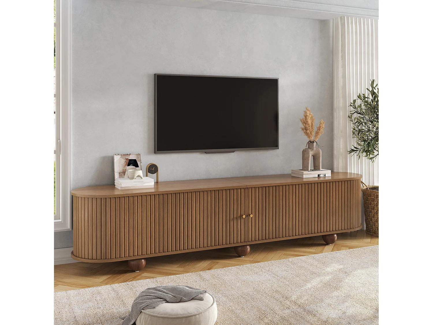Afrundet hjørne-TV-møbel 180x35x45 cm - 2 skydelåger - kugleformede ben - MDF - brun