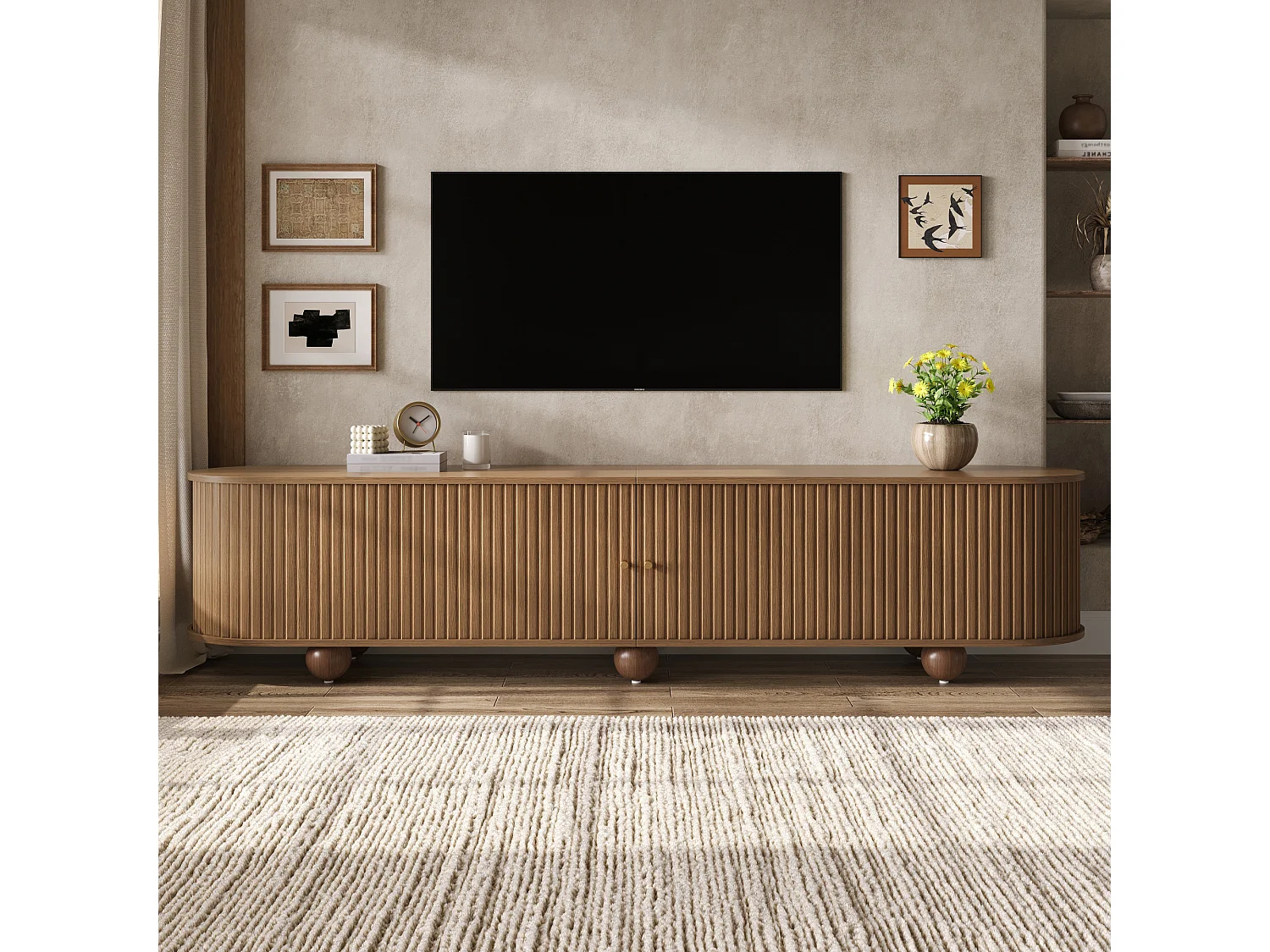 Afrundet hjørne-TV-møbel 180x35x45 cm - 2 skydelåger - kugleformede ben - MDF - brun