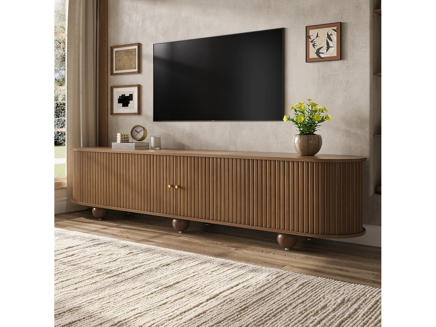 Afrundet hjørne-TV-møbel 180x35x45 cm - 2 skydelåger - kugleformede ben - MDF - brun