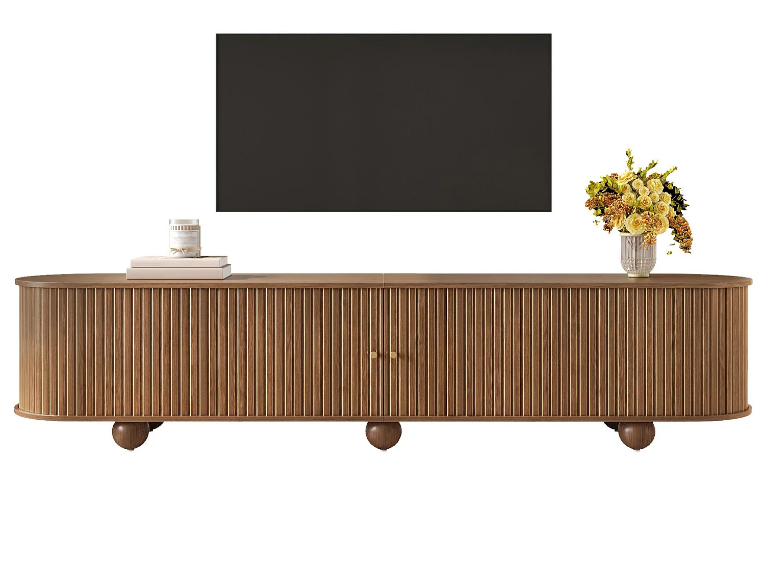 Afrundet hjørne-TV-møbel 180x35x45 cm - 2 skydelåger - kugleformede ben - MDF - brun