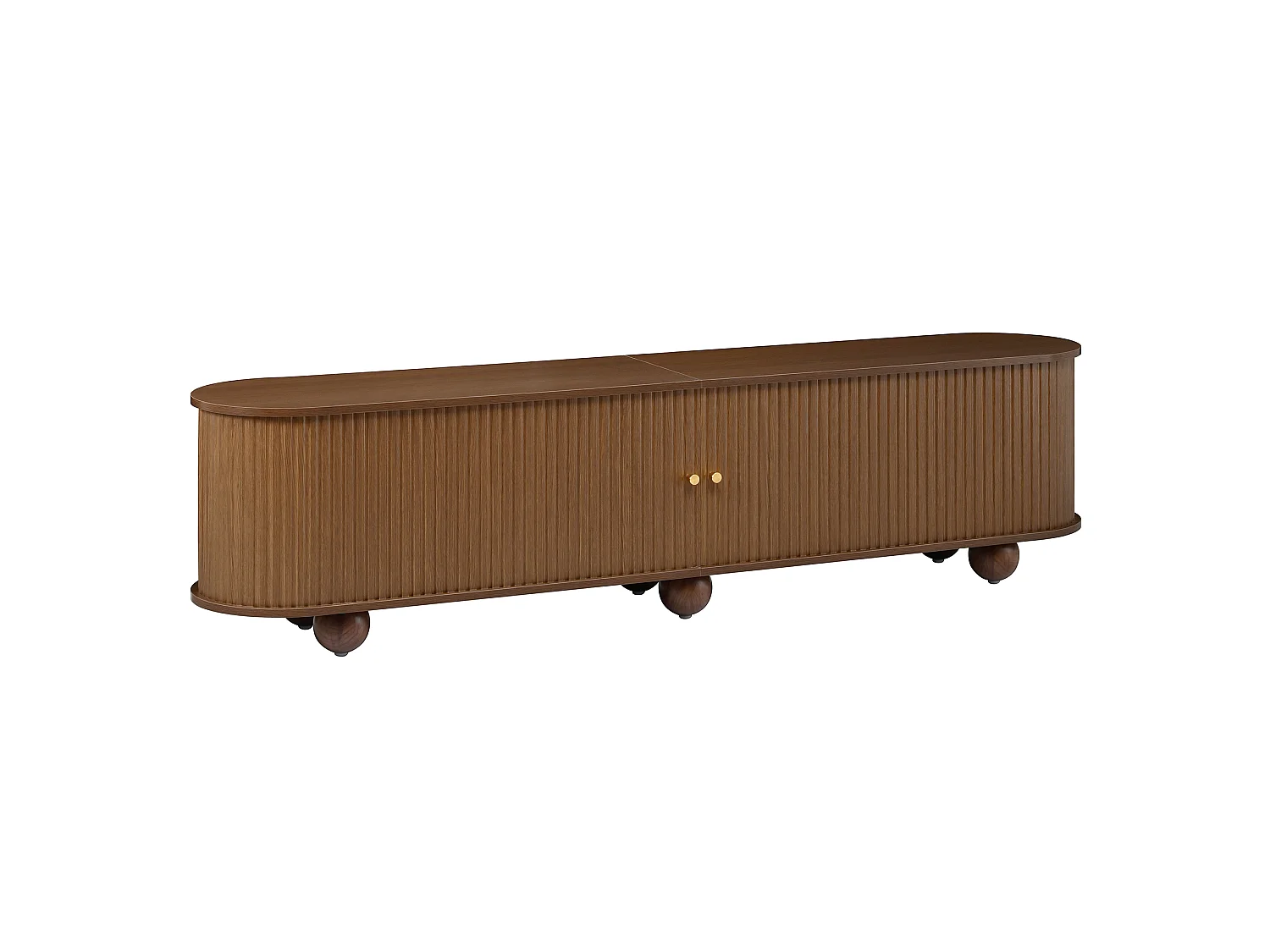 Afrundet hjørne-TV-møbel 180x35x45 cm - 2 skydelåger - kugleformede ben - MDF - brun