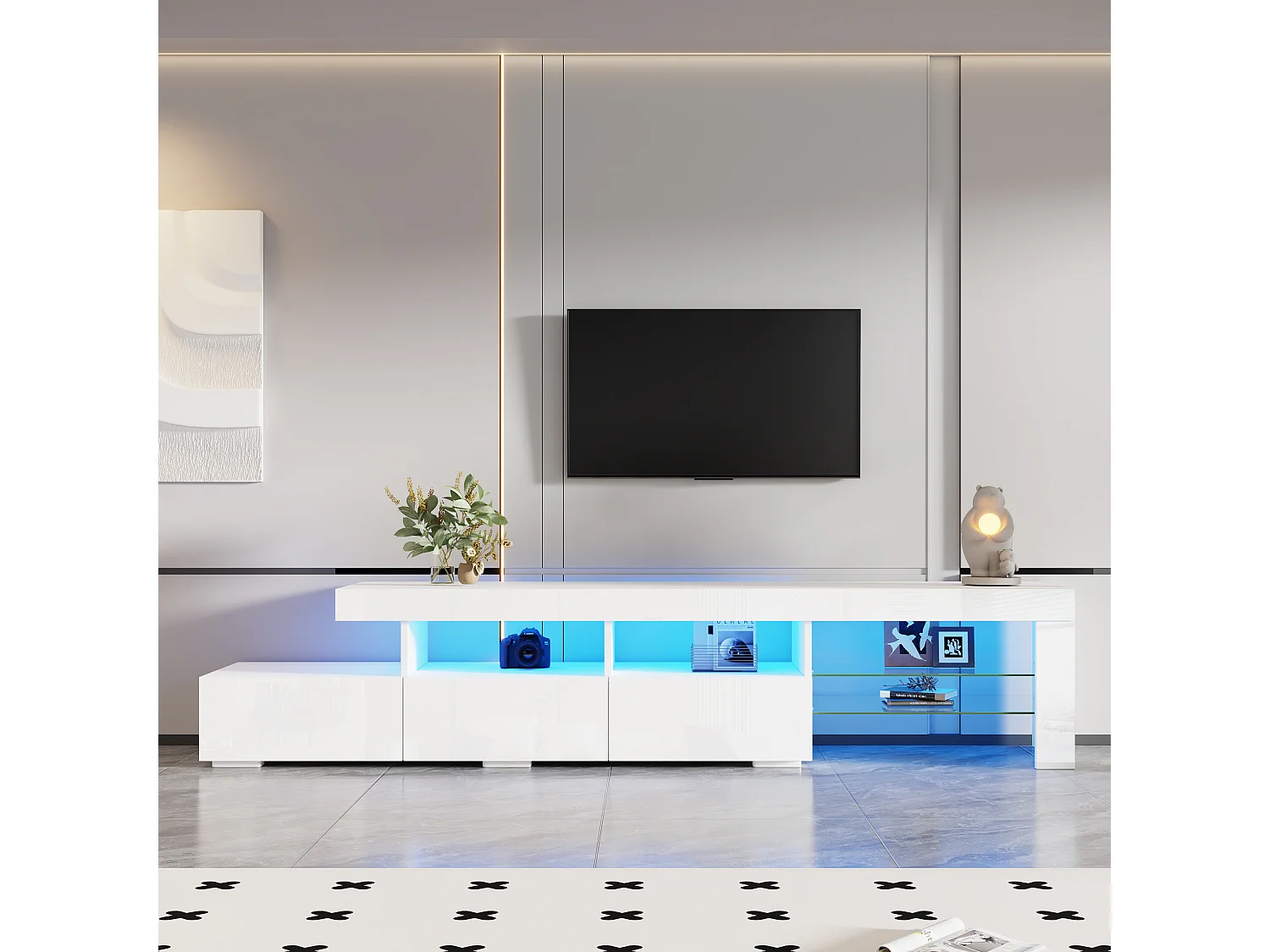 Meuble TV moderne laqué brillant 180x35x45 cm - Éclairage LED intégré - 3 tiroirs - Convient aux TV jusqu'à 75 pouces - Blanc