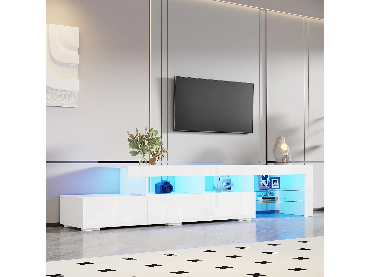 Meuble TV moderne laqué brillant 180x35x45 cm - Éclairage LED intégré - 3 tiroirs - Convient aux TV jusqu'à 75 pouces - Blanc