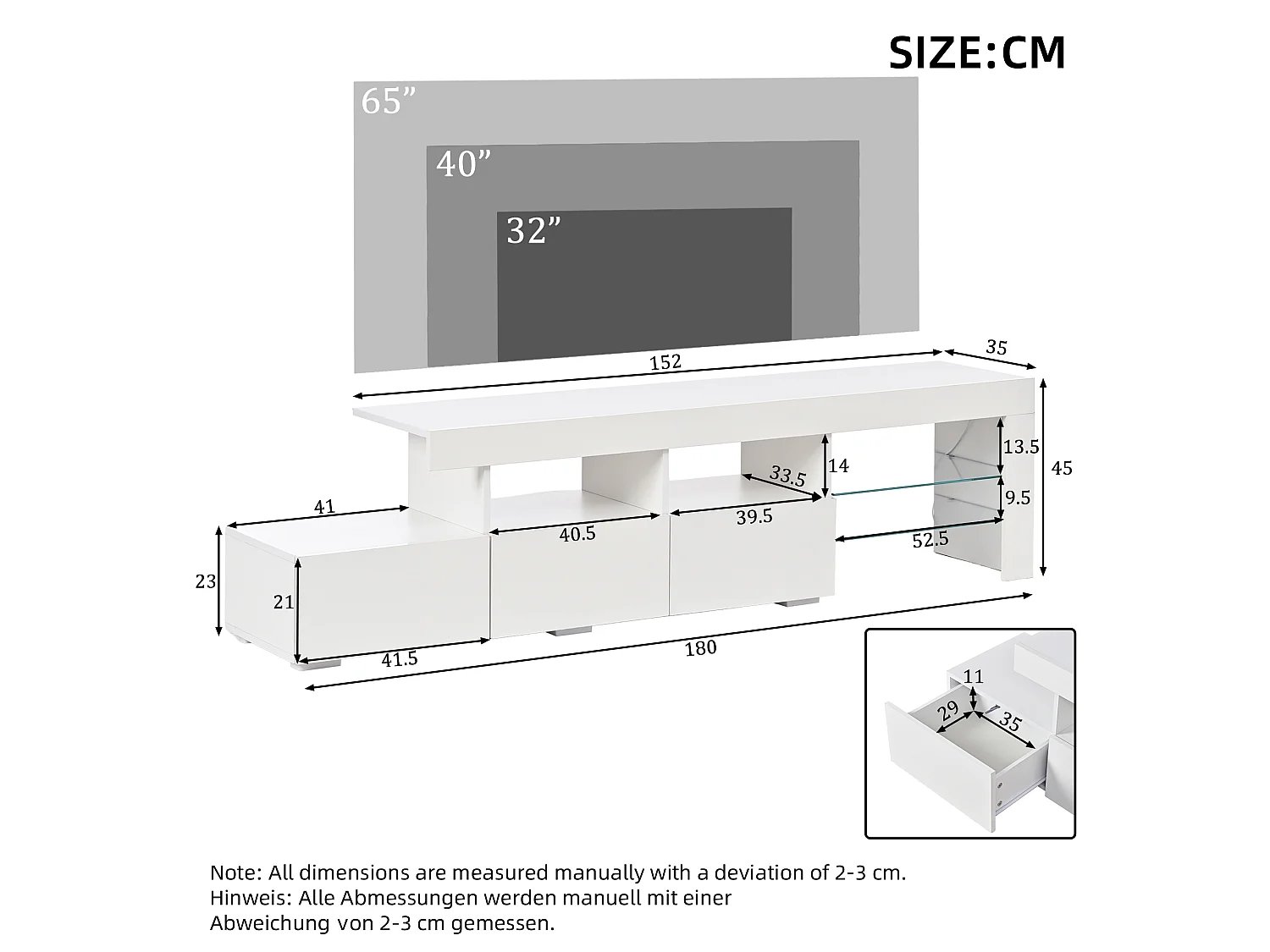 Meuble TV moderne laqué brillant 180x35x45 cm - Éclairage LED intégré - 3 tiroirs - Convient aux TV jusqu'à 75 pouces - Blanc