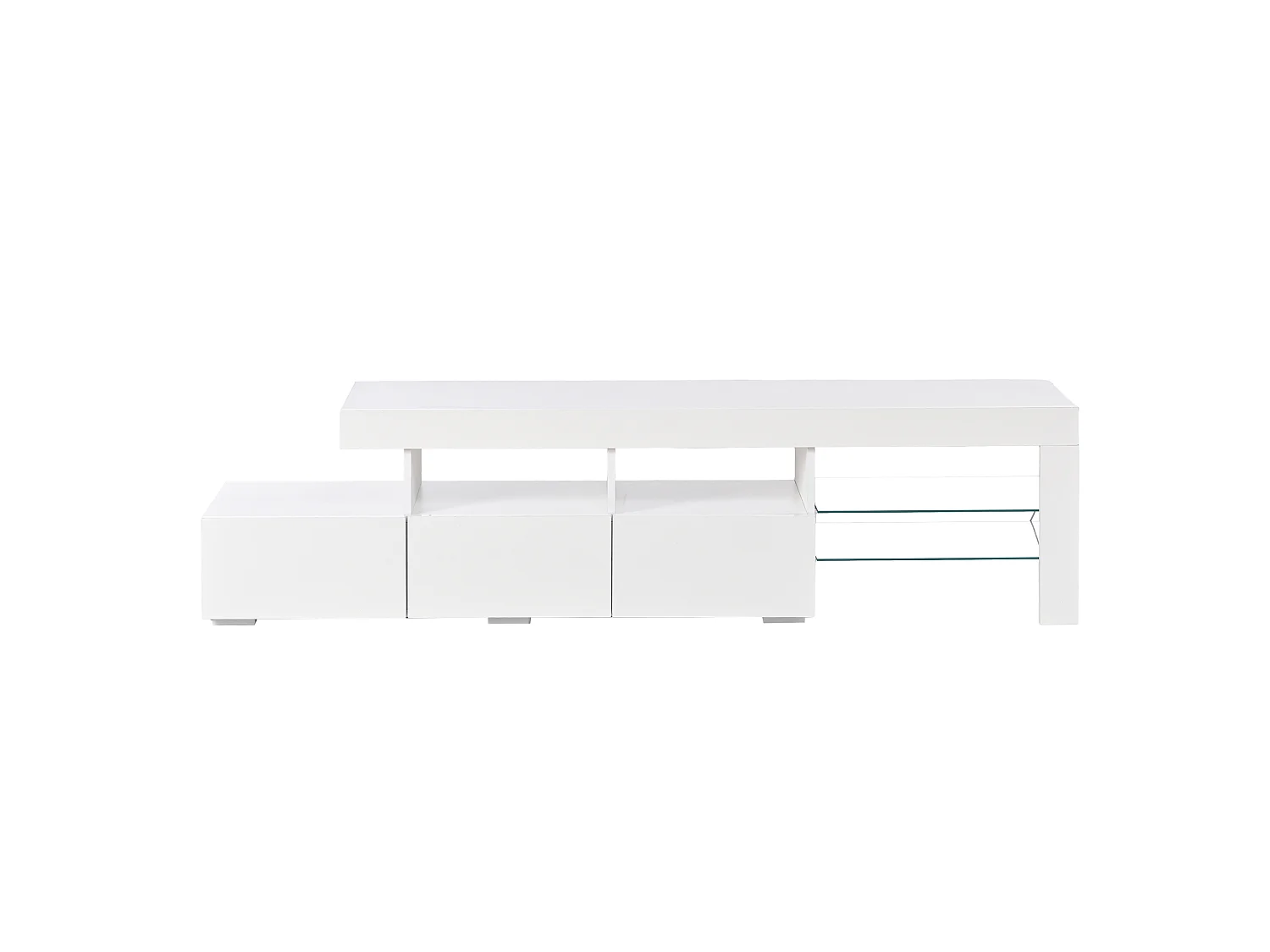 Meuble TV moderne laqué brillant 180x35x45 cm - Éclairage LED intégré - 3 tiroirs - Convient aux TV jusqu'à 75 pouces - Blanc
