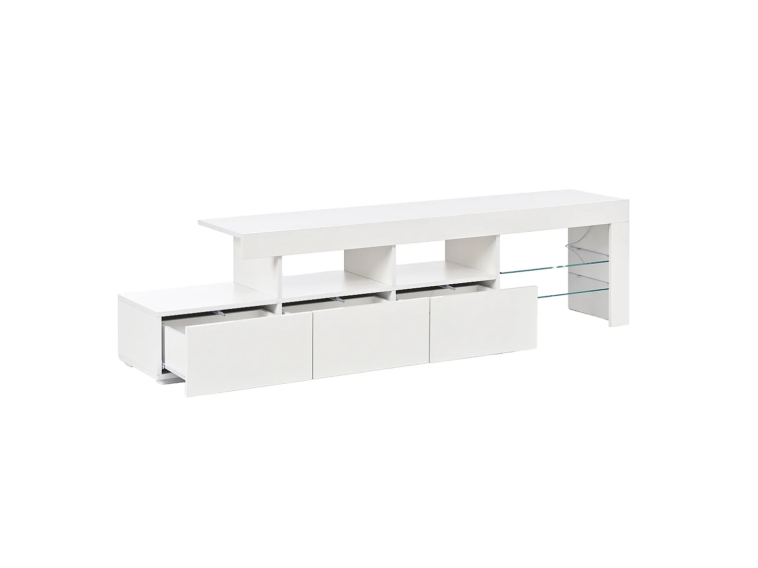 Meuble TV moderne laqué brillant 180x35x45 cm - Éclairage LED intégré - 3 tiroirs - Convient aux TV jusqu'à 75 pouces - Blanc