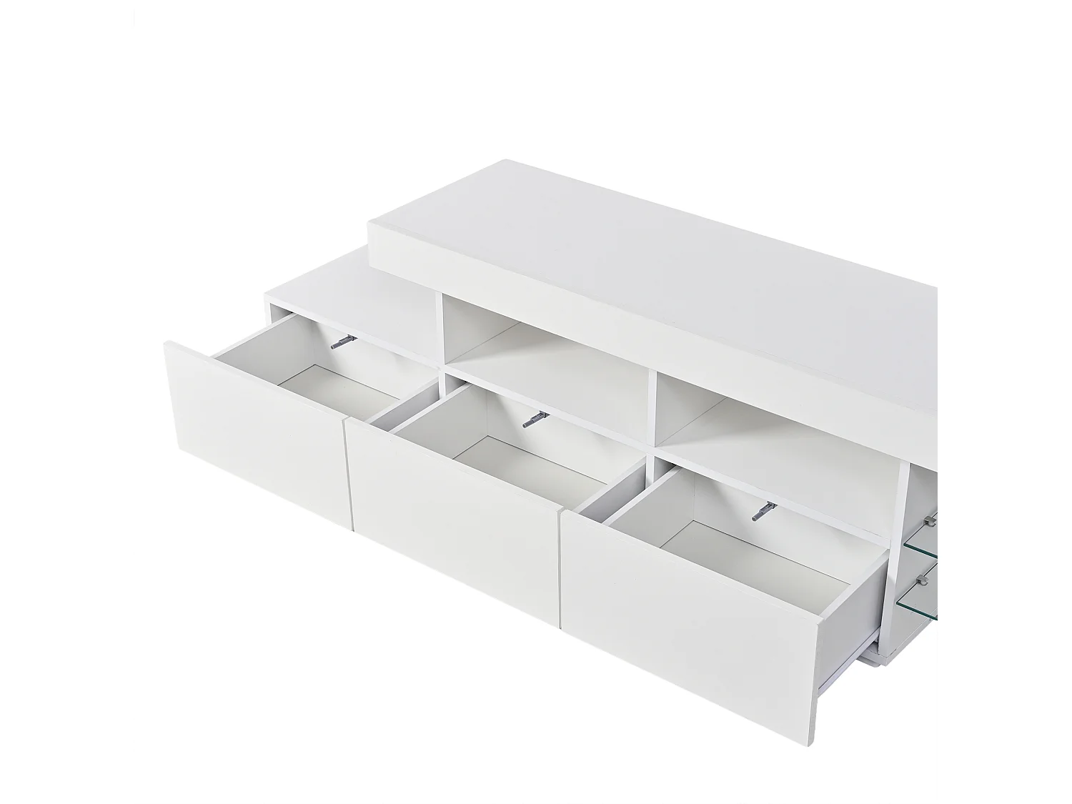 Meuble TV moderne laqué brillant 180x35x45 cm - Éclairage LED intégré - 3 tiroirs - Convient aux TV jusqu'à 75 pouces - Blanc