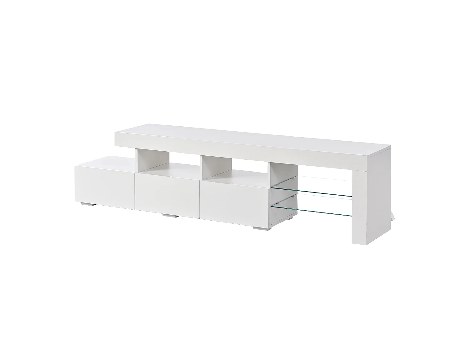Meuble TV moderne laqué brillant 180x35x45 cm - Éclairage LED intégré - 3 tiroirs - Convient aux TV jusqu'à 75 pouces - Blanc