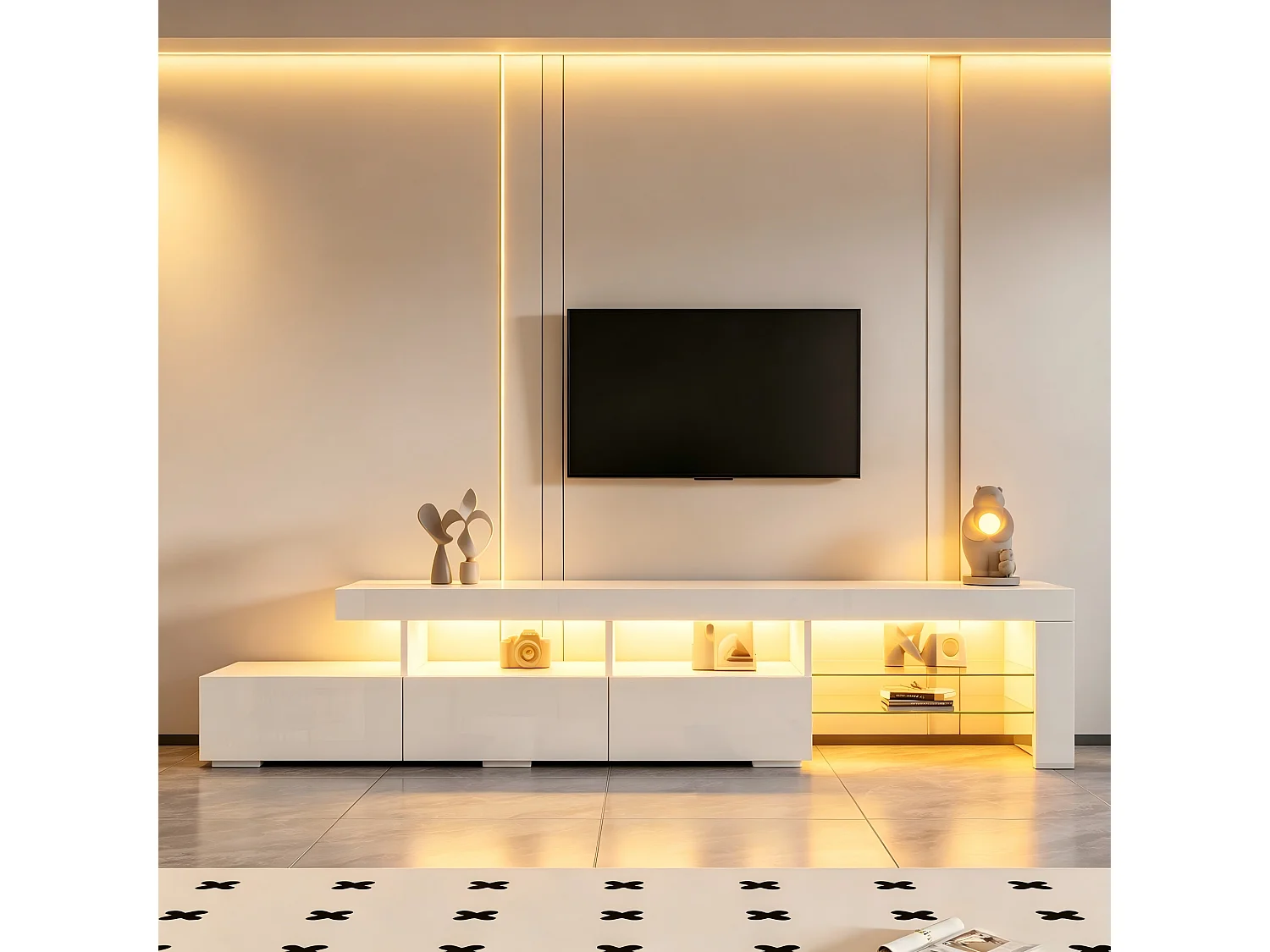 Meuble TV moderne laqué brillant 180x35x45 cm - Éclairage LED intégré - 3 tiroirs - Convient aux TV jusqu'à 75 pouces - Blanc