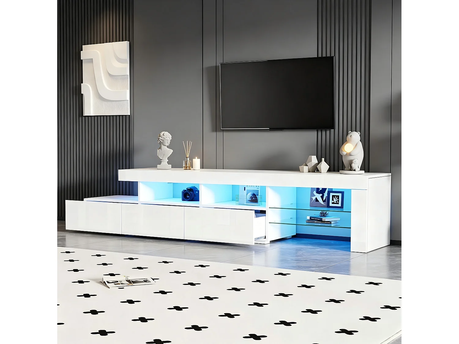 Meuble TV moderne laqué brillant 180x35x45 cm - Éclairage LED intégré - 3 tiroirs - Convient aux TV jusqu'à 75 pouces - Blanc