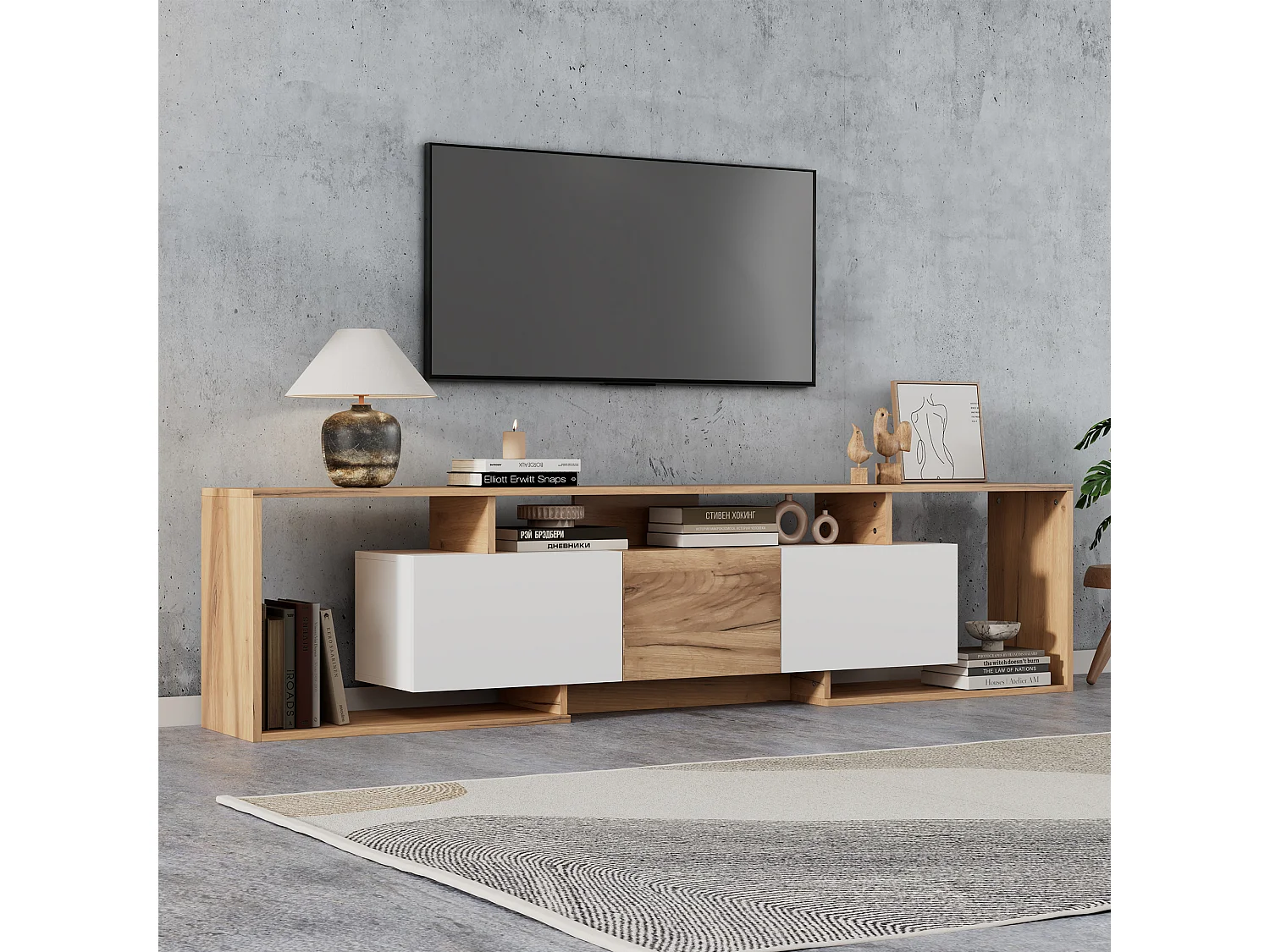 TV-Schrank 180x30x49 cm - mit 2 Klapptüren, 1 Drehtür und 3 offenen Fächern - Natur und Weiß