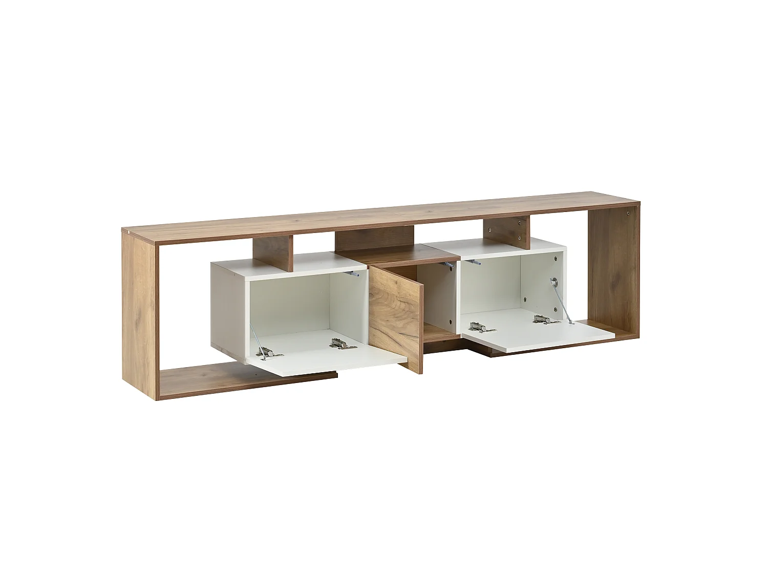 TV-Schrank 180x30x49 cm - mit 2 Klapptüren, 1 Drehtür und 3 offenen Fächern - Natur und Weiß