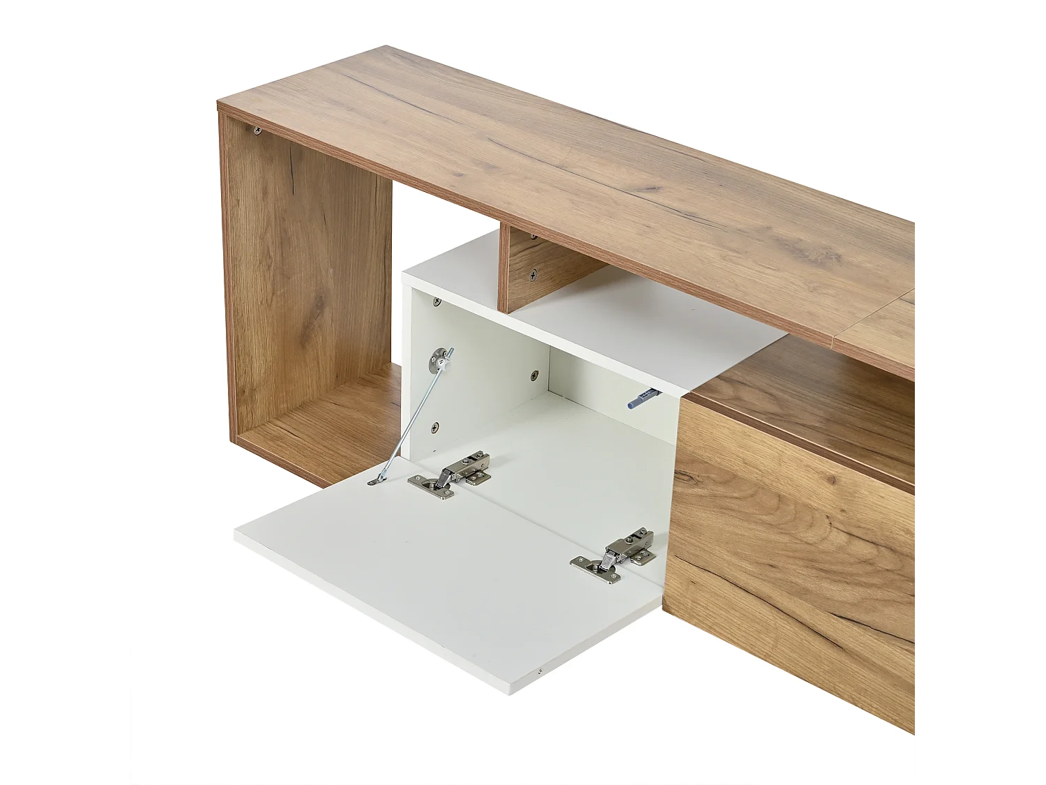 TV-Schrank 180x30x49 cm - mit 2 Klapptüren, 1 Drehtür und 3 offenen Fächern - Natur und Weiß