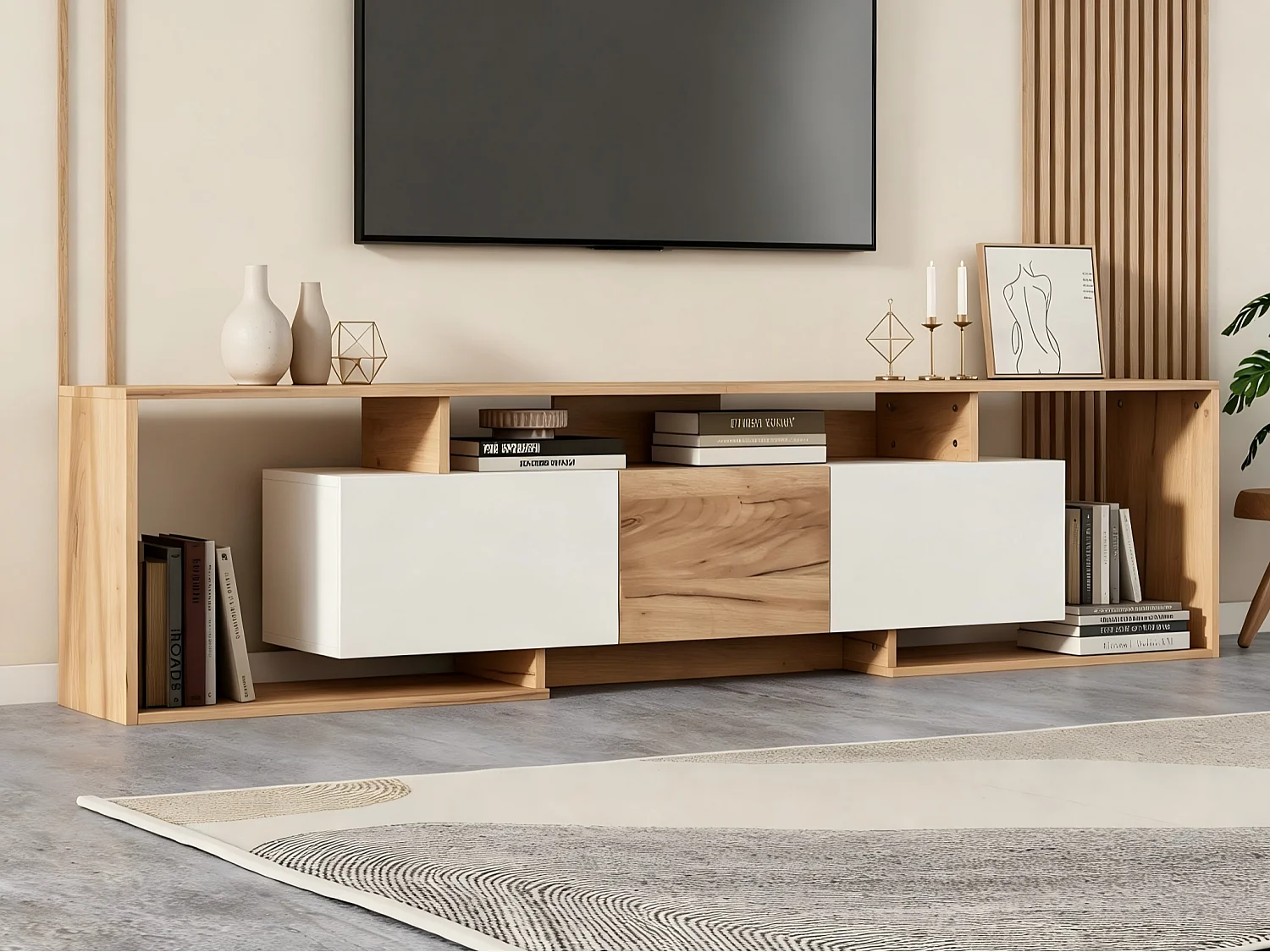 TV-Schrank 180x30x49 cm - mit 2 Klapptüren, 1 Drehtür und 3 offenen Fächern - Natur und Weiß