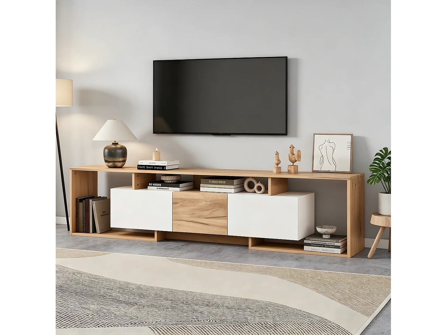 TV-Schrank 180x30x49 cm - mit 2 Klapptüren, 1 Drehtür und 3 offenen Fächern - Natur und Weiß