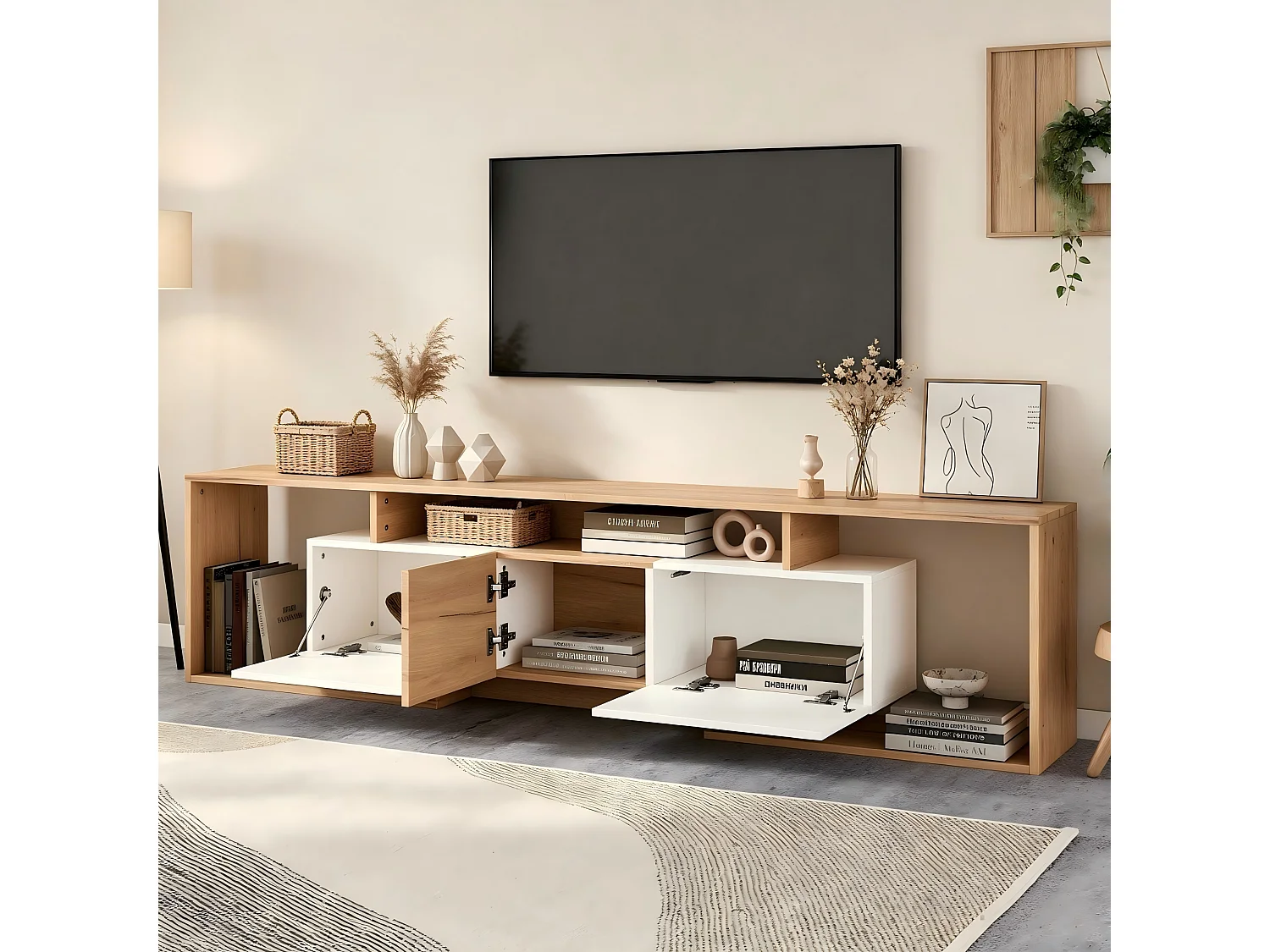 TV-Schrank 180x30x49 cm - mit 2 Klapptüren, 1 Drehtür und 3 offenen Fächern - Natur und Weiß