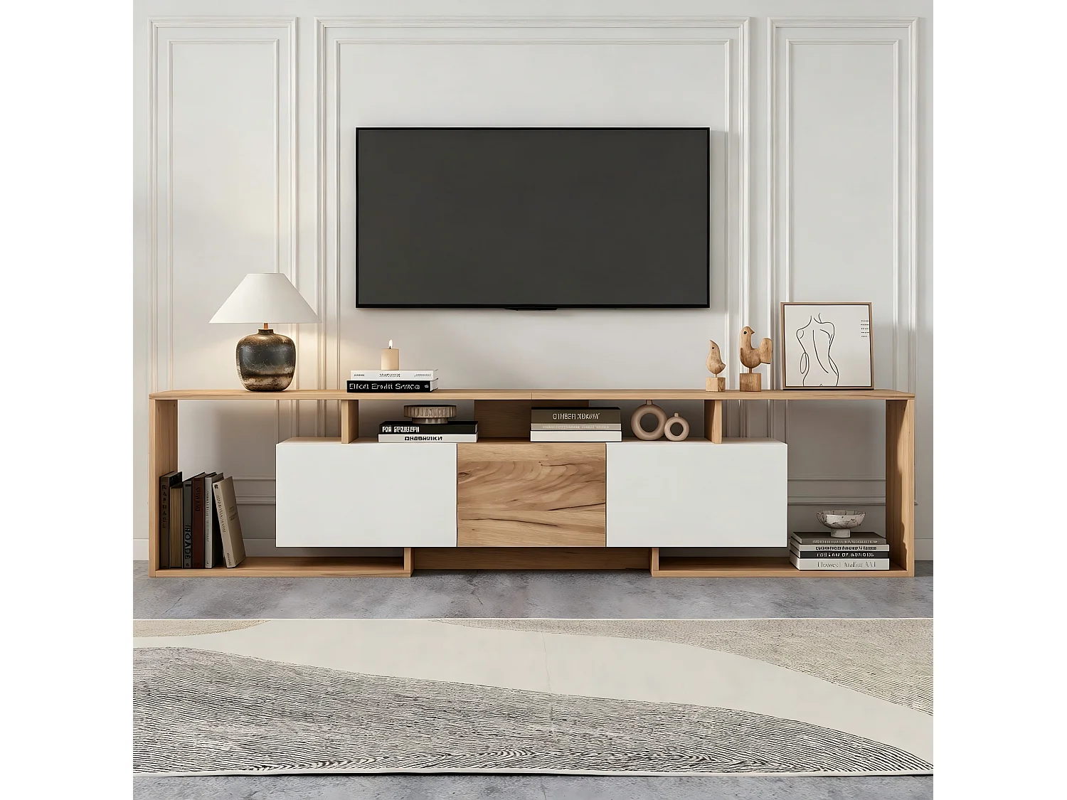 TV-Schrank 180x30x49 cm - mit 2 Klapptüren, 1 Drehtür und 3 offenen Fächern - Natur und Weiß
